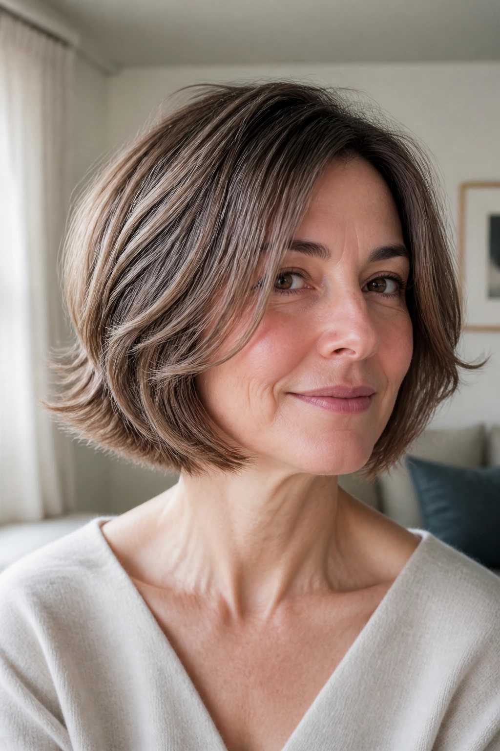 Close-up portrait of a woman with a feathered bob hairstyle, wispy ends and soft movement in window-lit living room