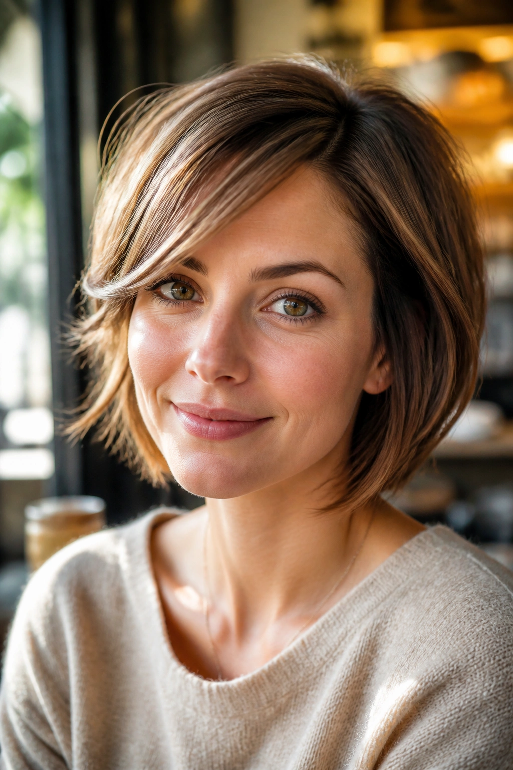 Portrait of a real person with a feathered bob and side part