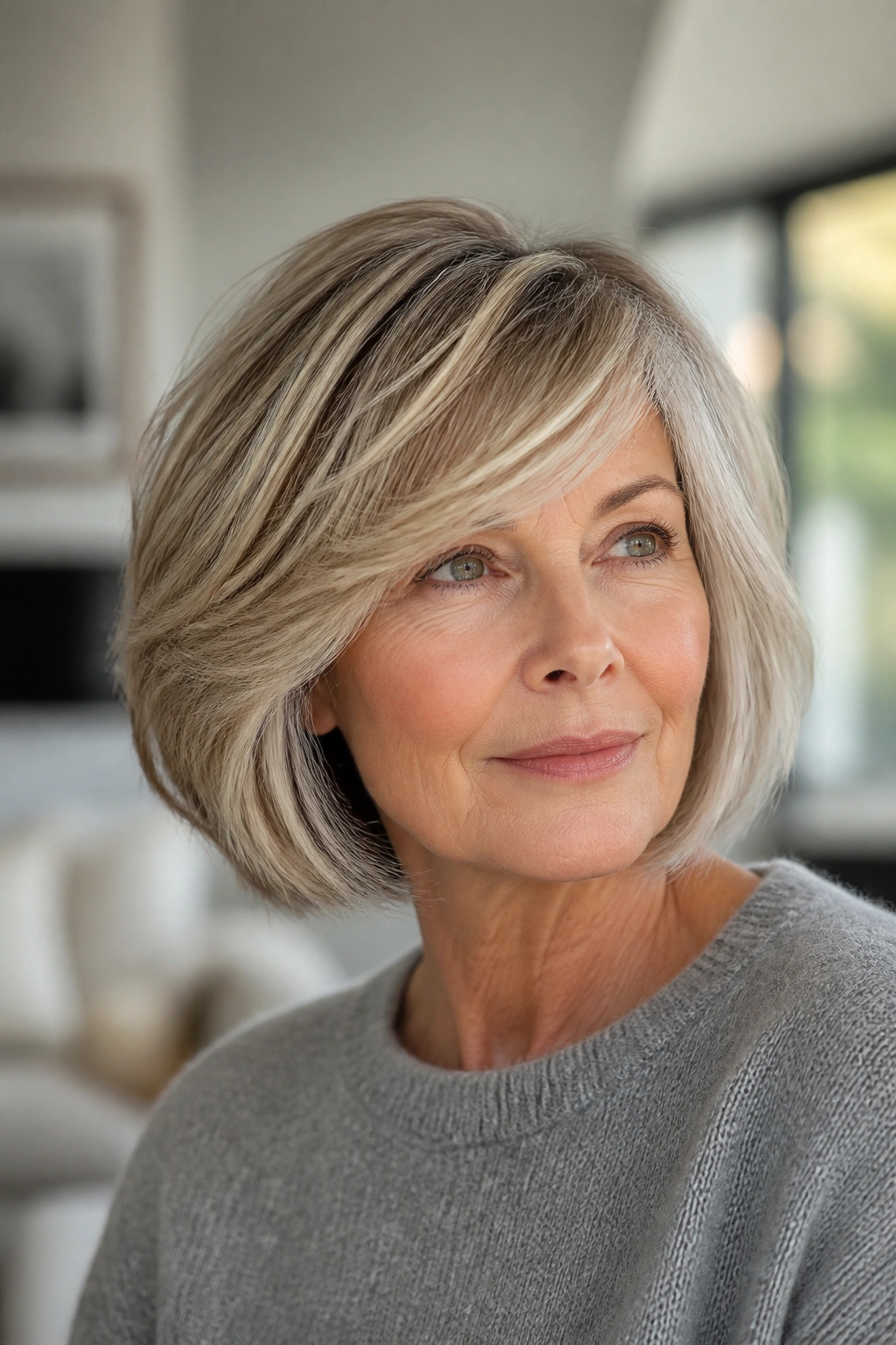 Portrait of a real woman with a feathered bob and a side-swept fringe, soft texture