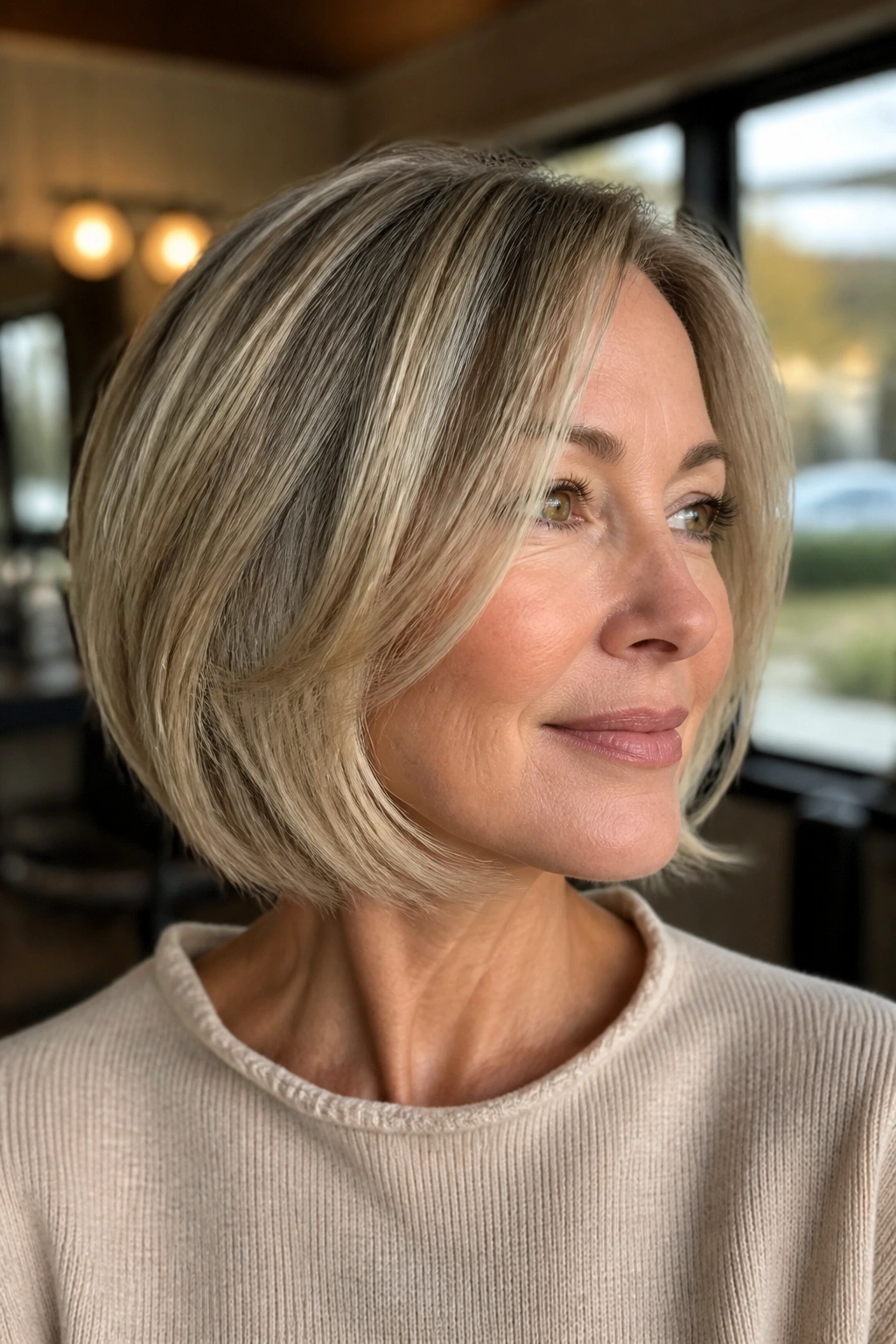 Close-up portrait of a real woman with a feathered bob and soft ends in a warm salon