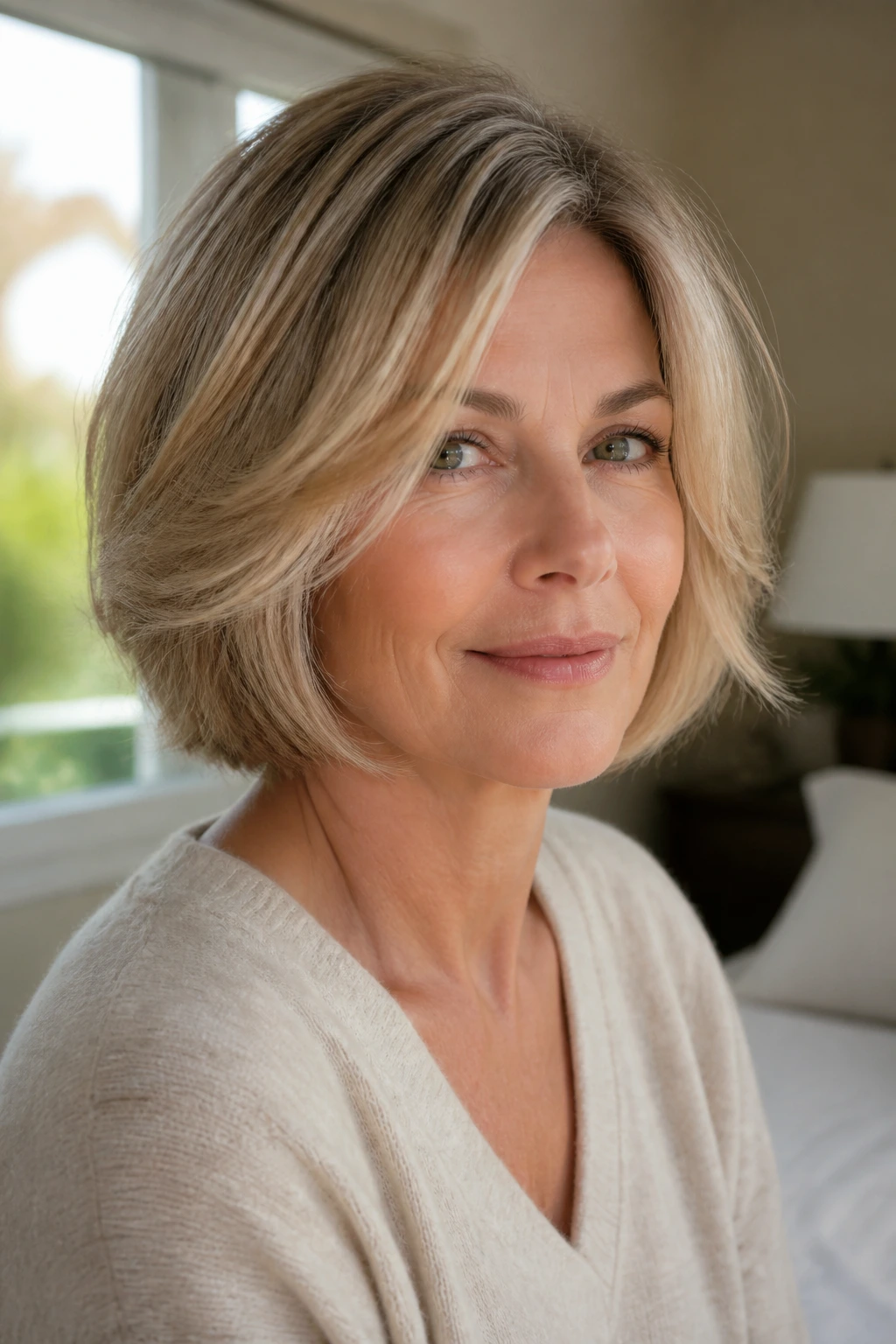 Real woman with feathered bob and soft ends, natural light