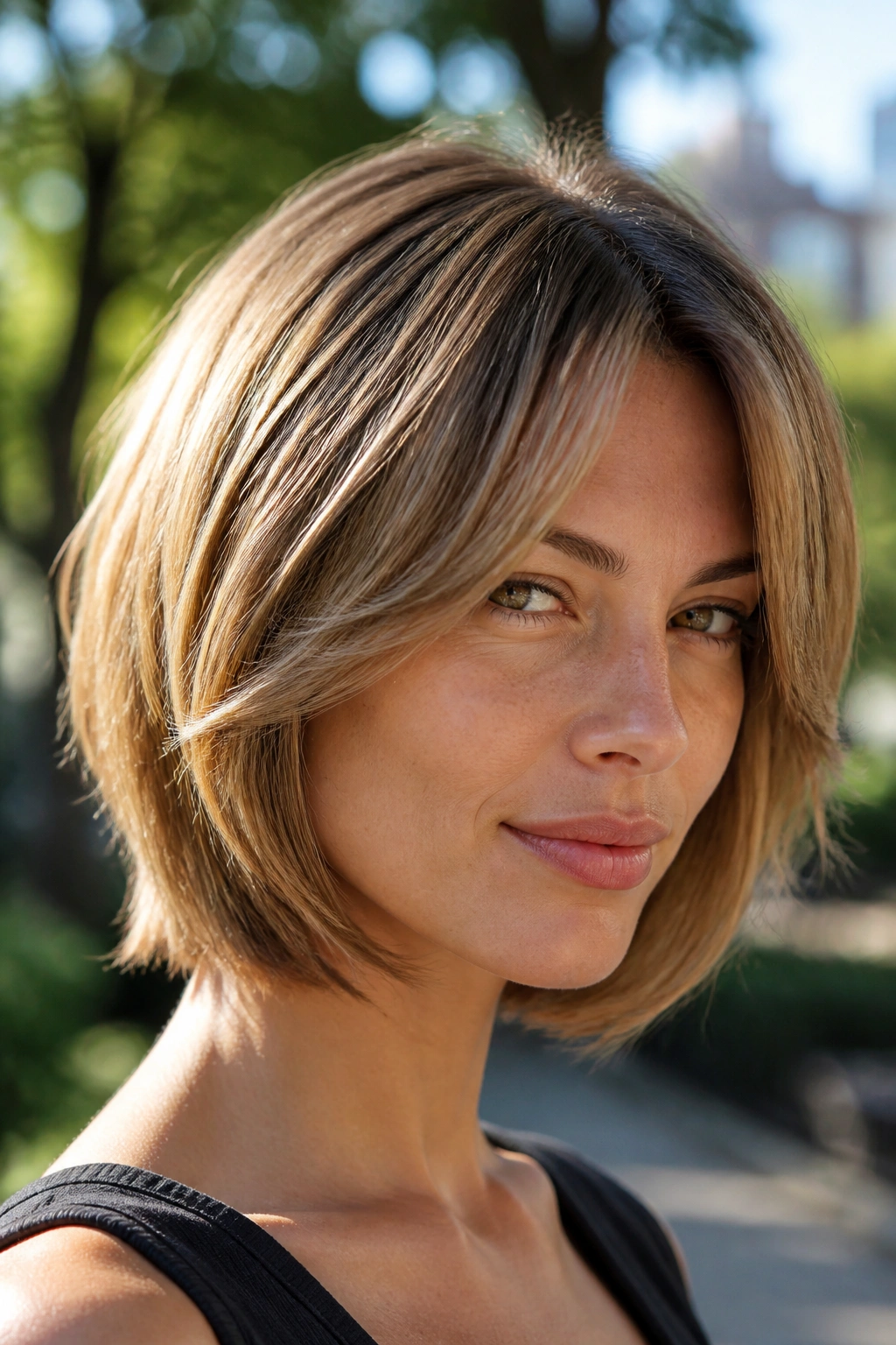 Close-up of a real woman with a feathered bob and tapered ends in an outdoor park