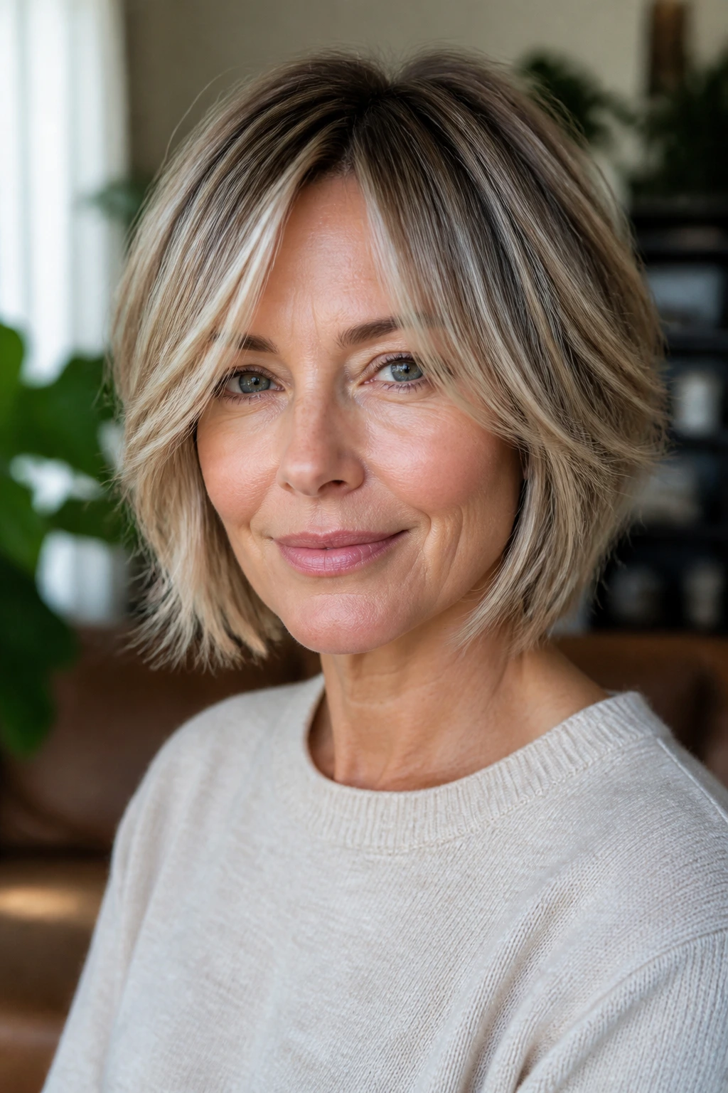 Portrait of a woman with feathered bob and wispy layers in natural light