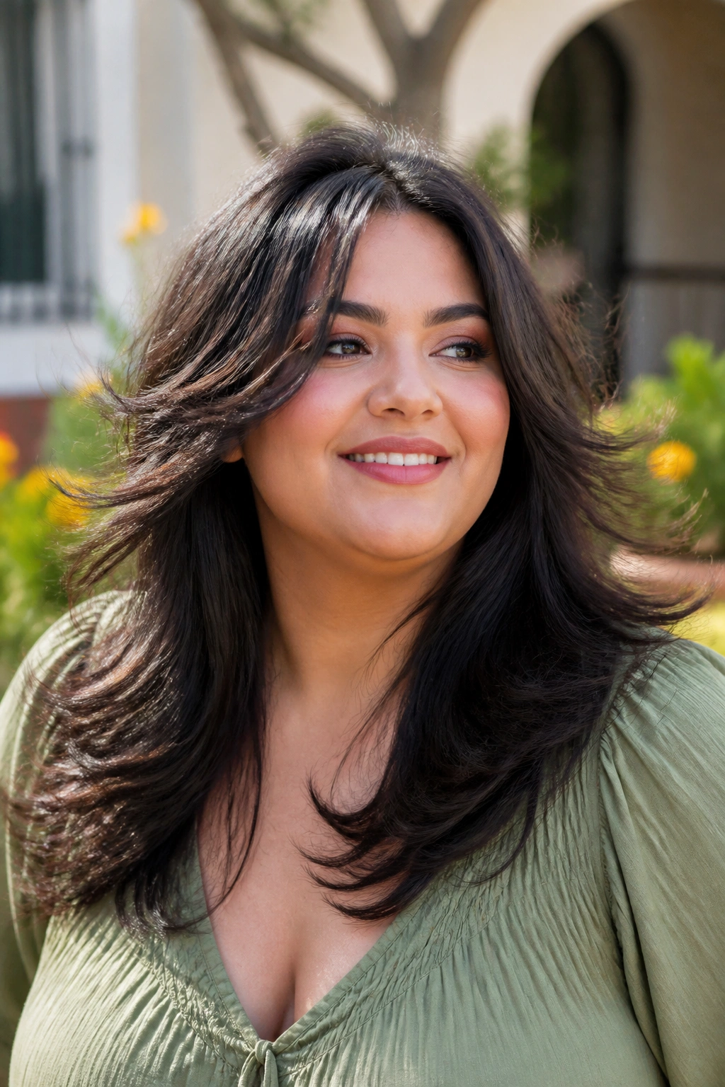 Portrait of a plus-size woman with feathered butterfly cut and flipped ends