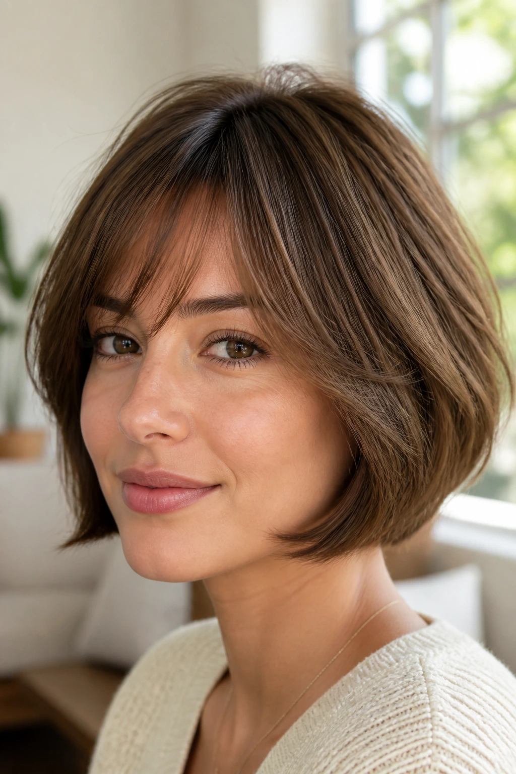Close-up of a real woman with a feathered chin-length bob and soft layered ends