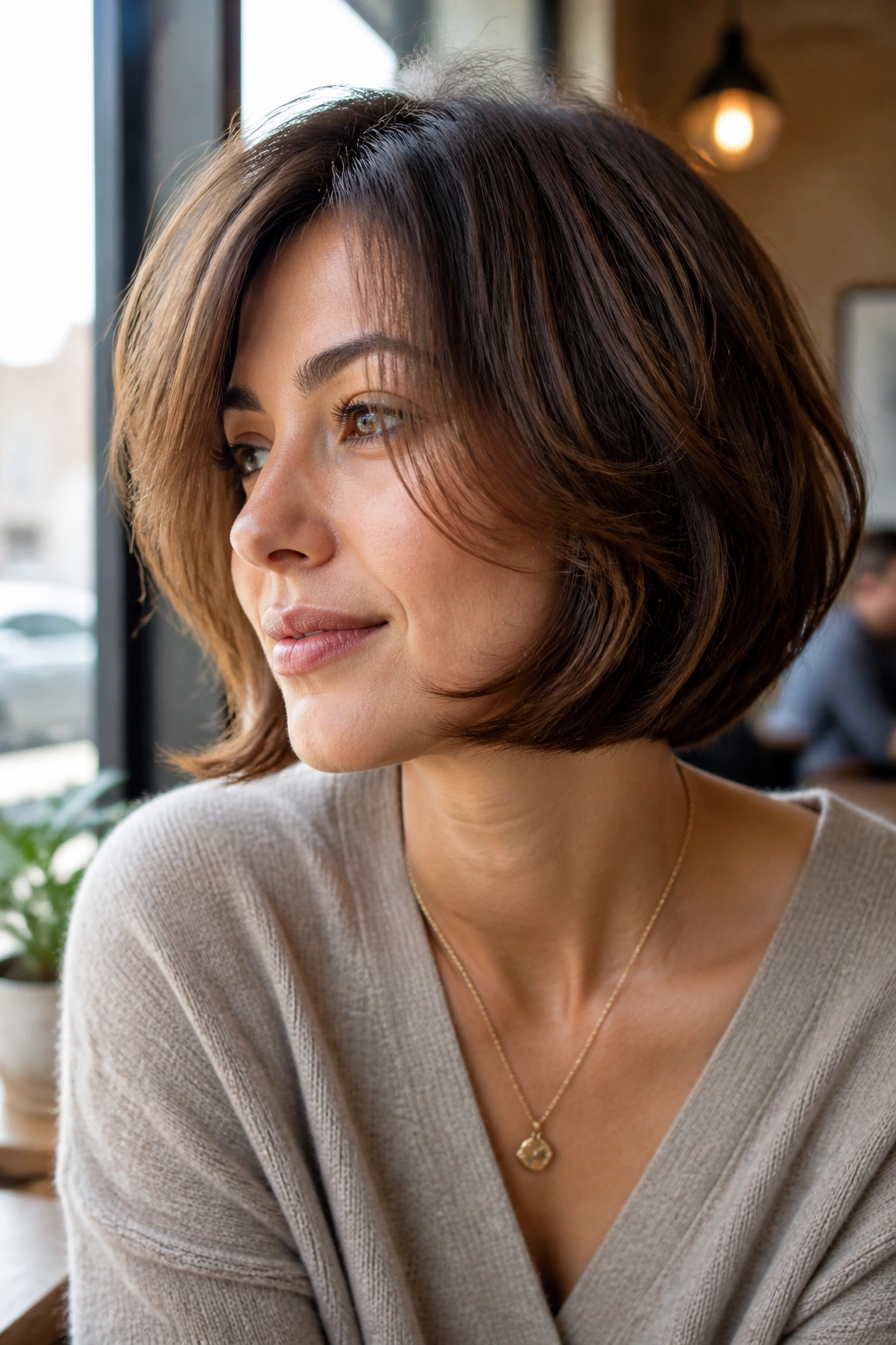 Close-up portrait of a woman with a feathered chin-length cut framing the face