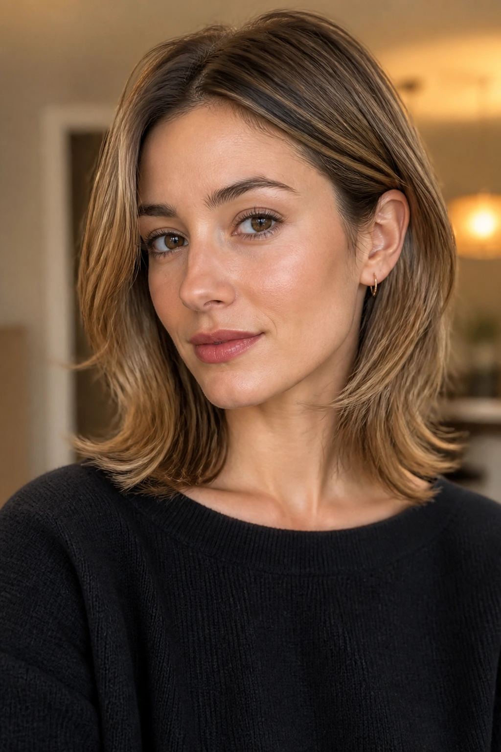 Portrait of a woman with a feathered collarbone cut for fine hair