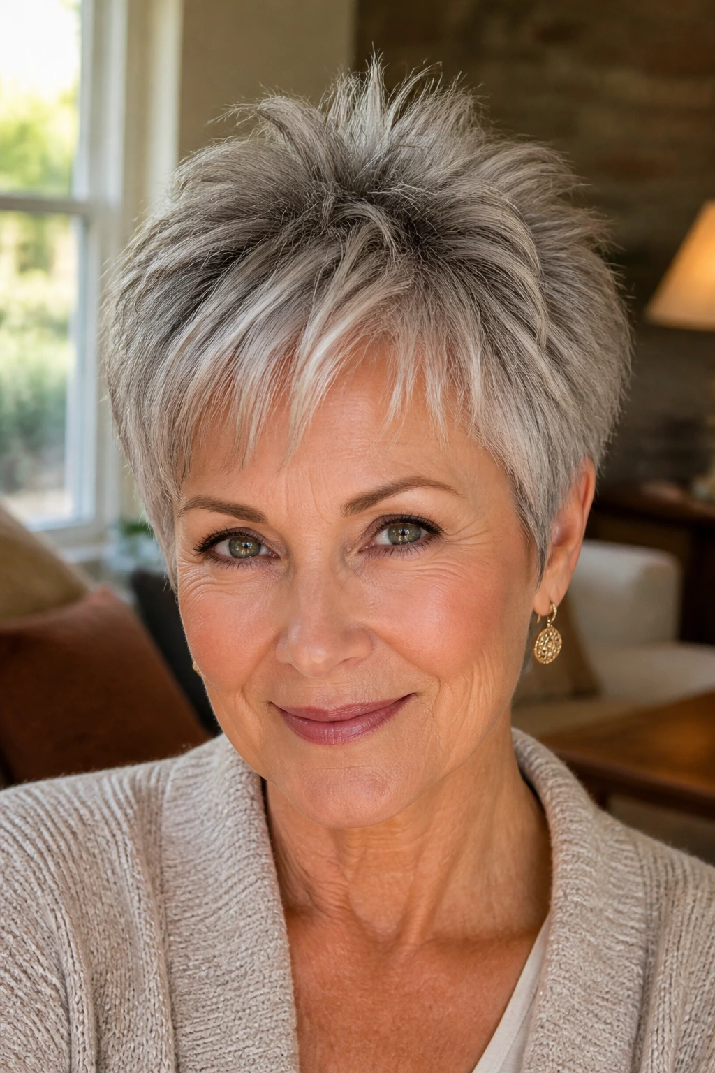 Close-up of a real woman with a crown-lift feathered crop hairstyle