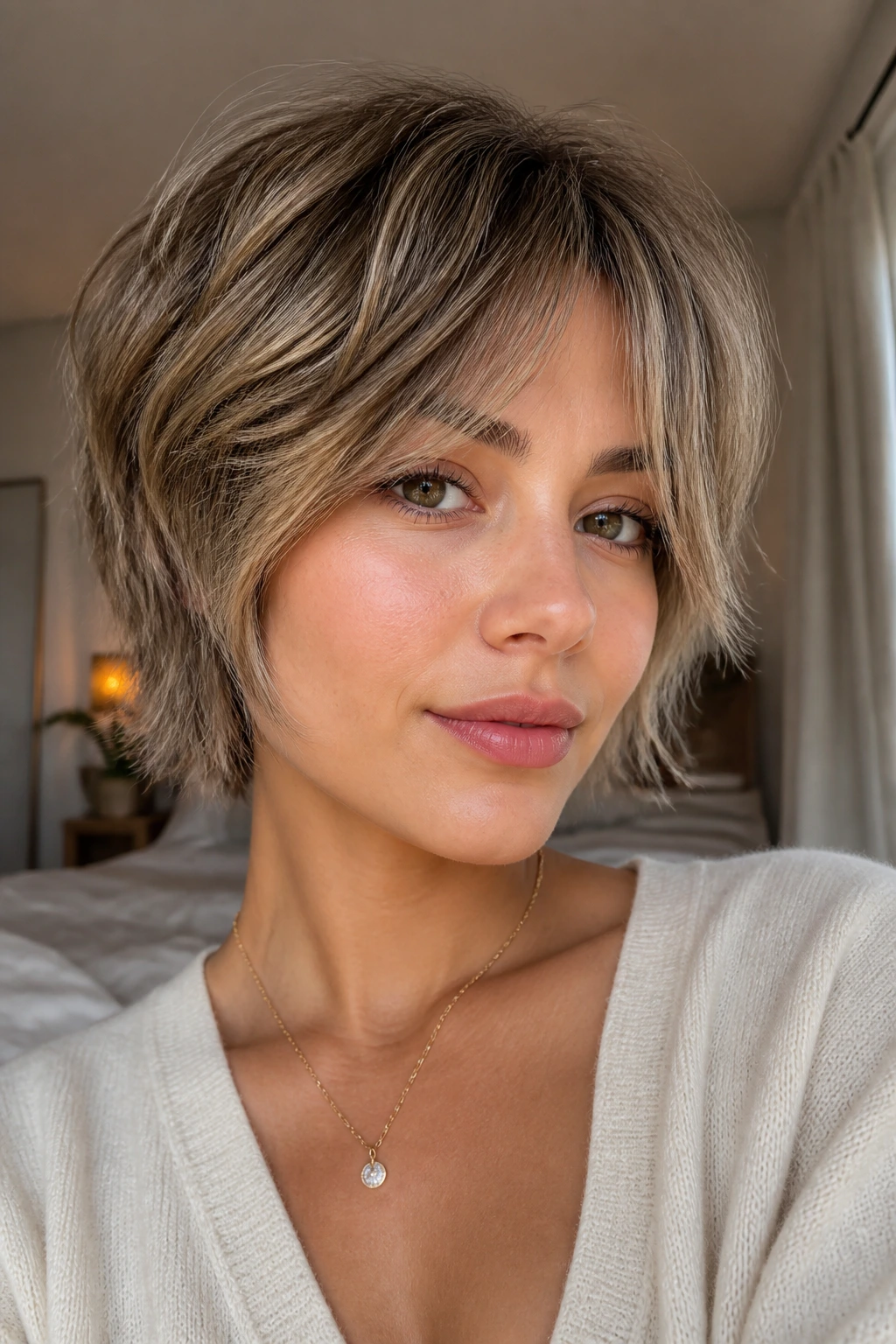 Close-up of a real woman wearing feathered crop curtain bangs in natural window light.