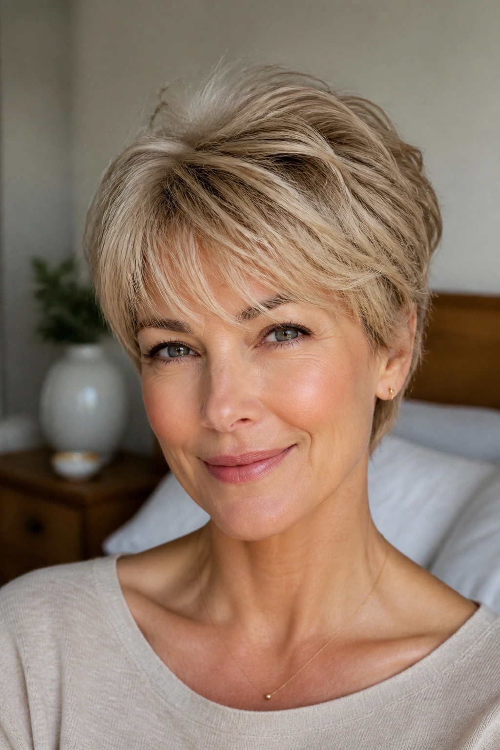 Close-up portrait of a real woman with feathered crop for fine hair in soft morning light.
