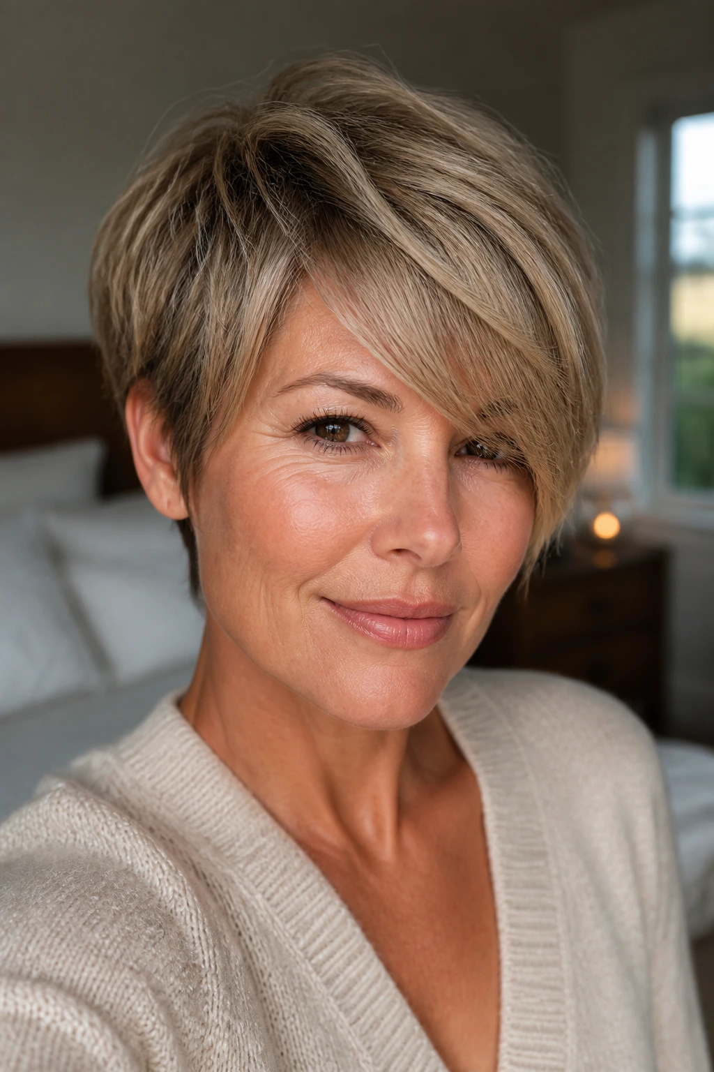 Close-up of a real woman with a feathered crown and long fringe in soft morning light