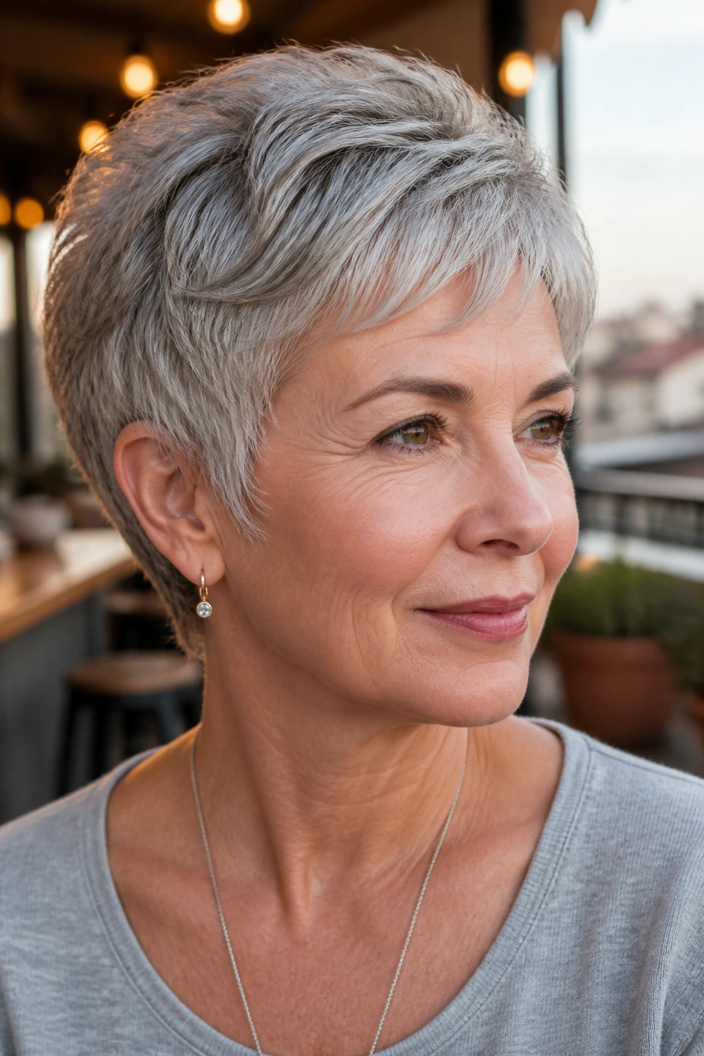 Real woman with feathered crop hairstyle