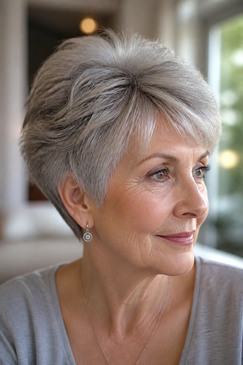 Close-up portrait of a real woman with a feathered crop and crown volume, grey hair.