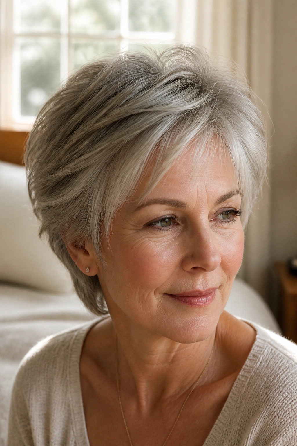 Close-up of a real woman with feathered crown layers in sunlit bedroom