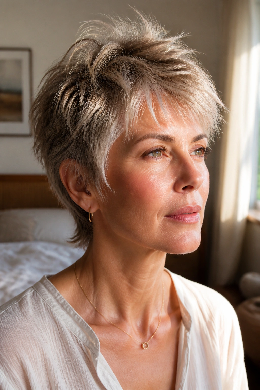 Close-up of a real woman with a feathered crop hairstyle, soft feathering around the ears.