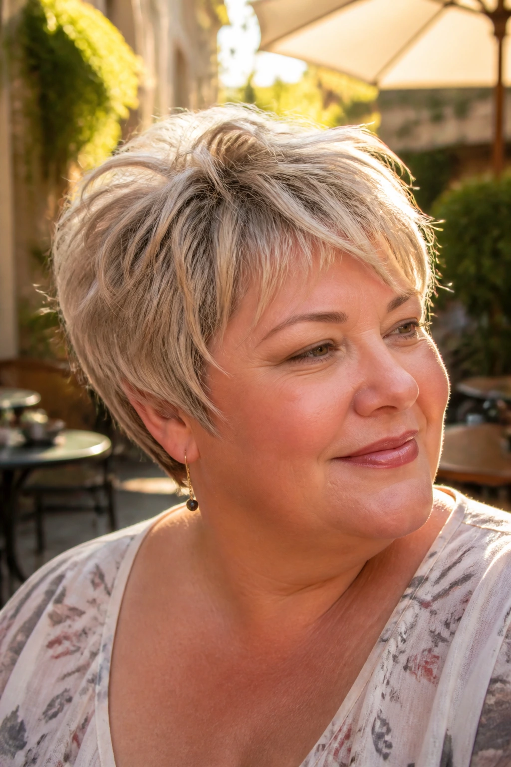 Close-up portrait of a plus-size woman with feathered crop and wispy ends