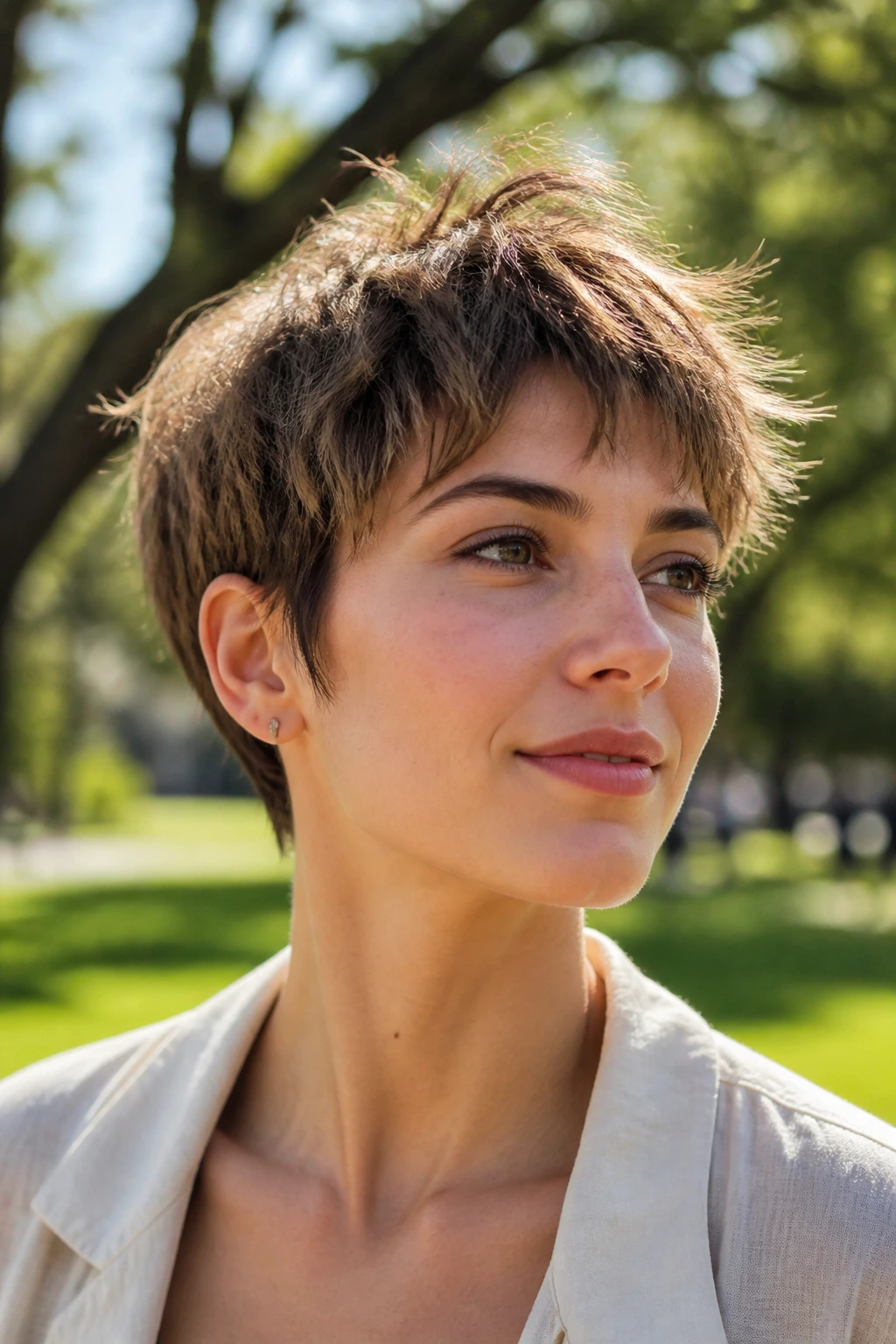 Real woman with feathered crop hair in sunny outdoor setting