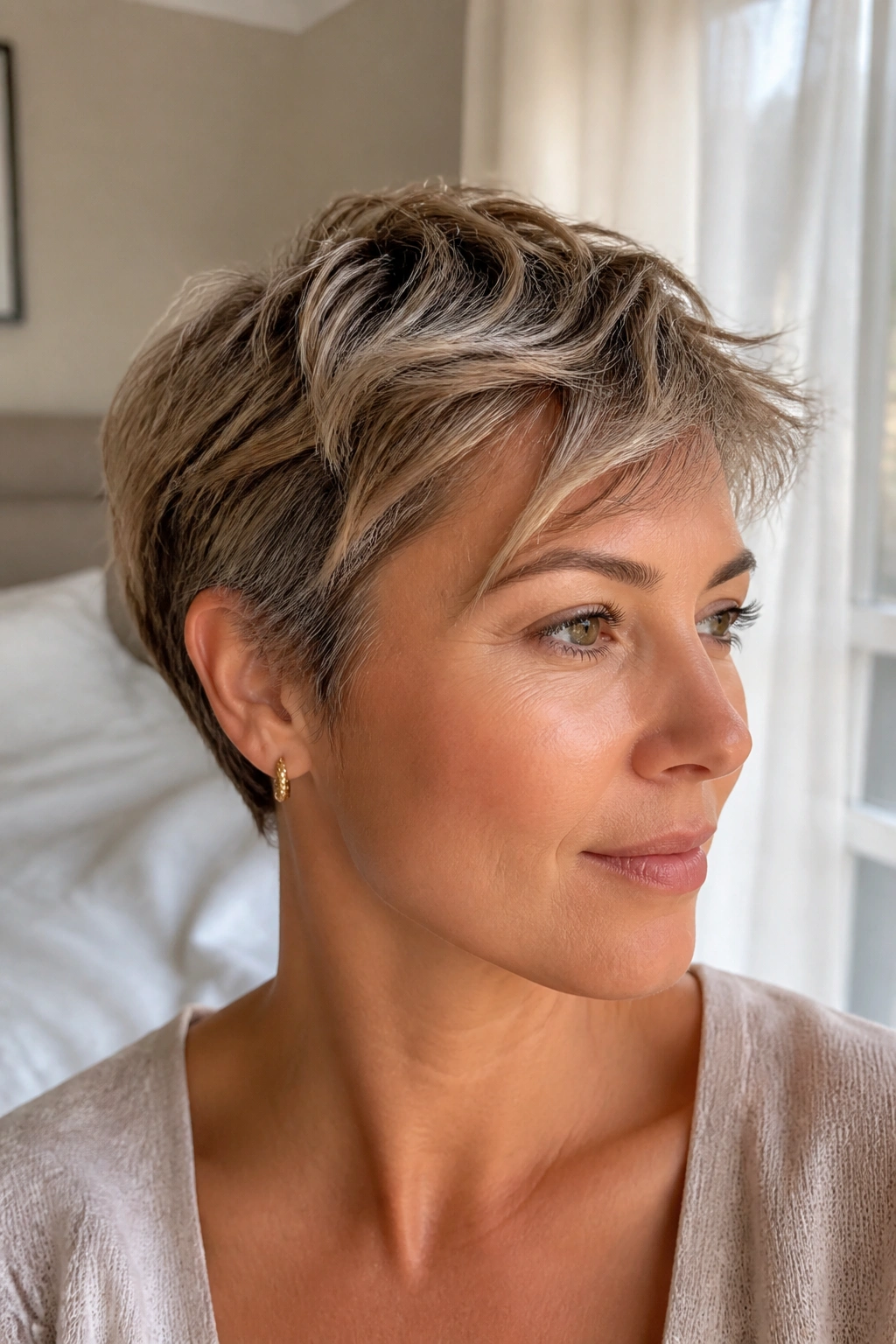 Real woman with feathered crop in sunlit bedroom showing airy ends.