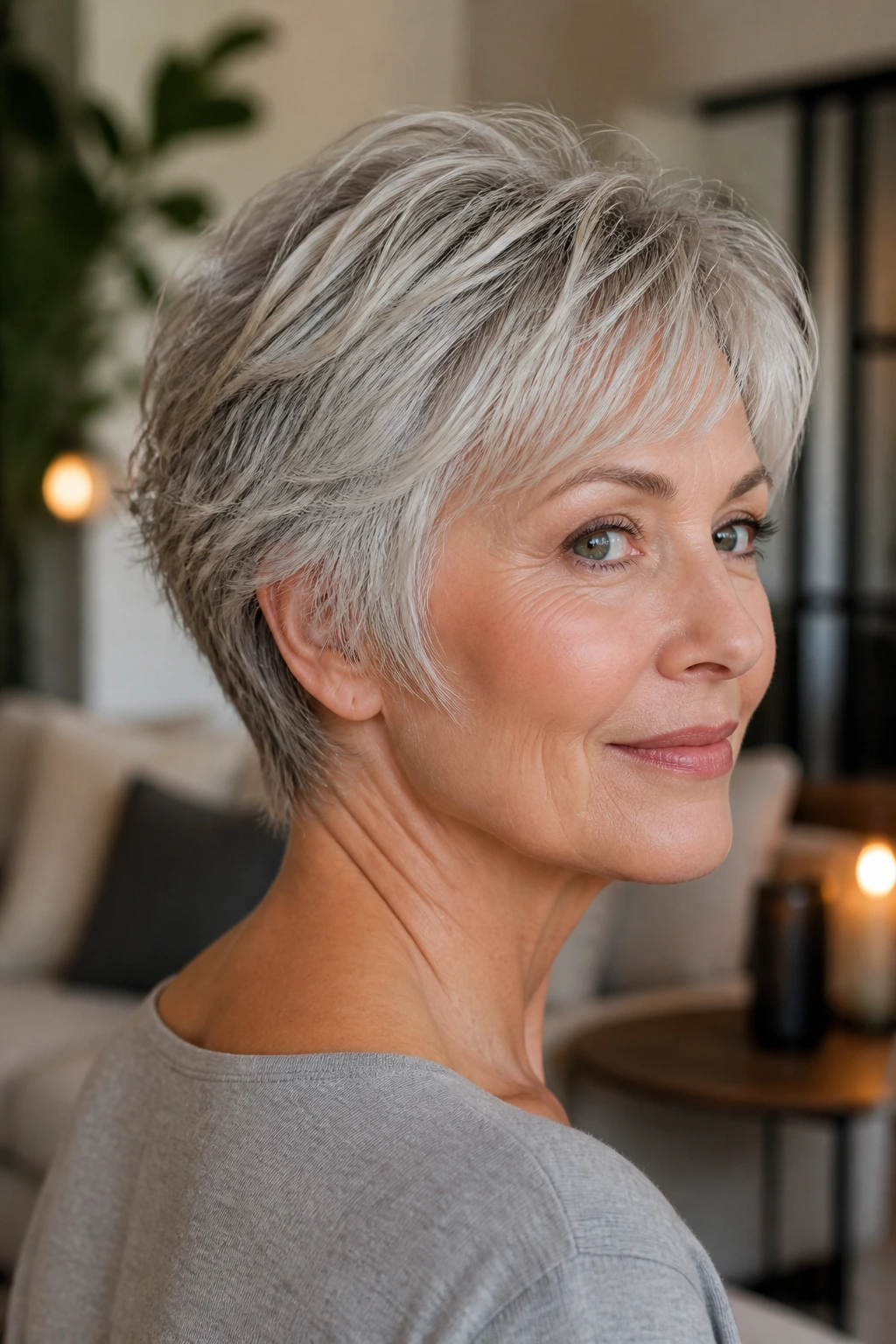 Close-up of real woman with feathered crop and soft neckline in warm light