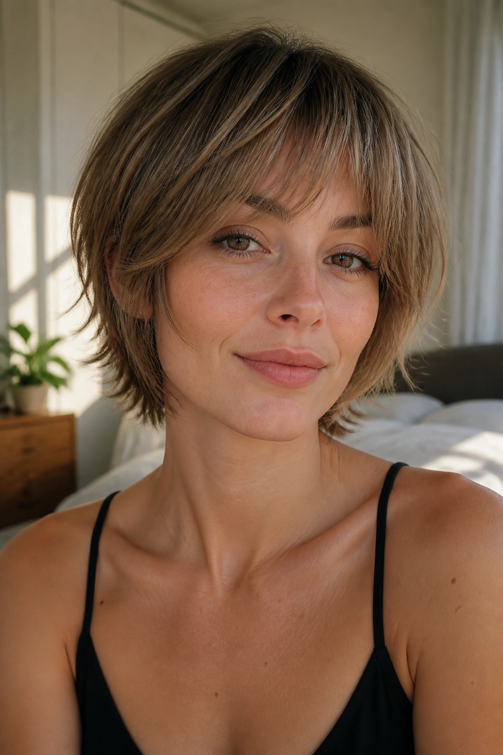 Close-up of feathered crop framing an oval face on a real person