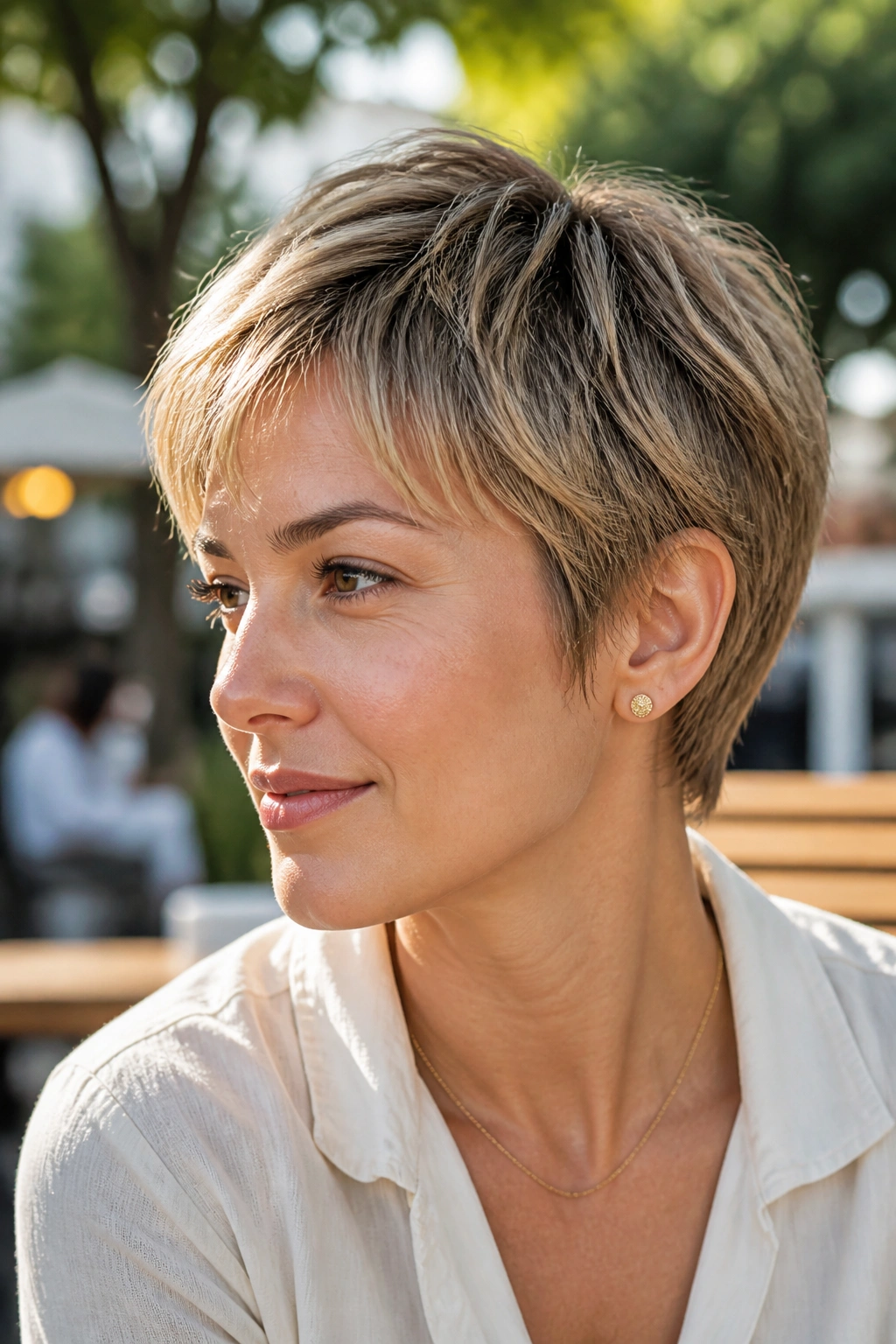 Close-up portrait of a real woman with a light feathered crop and crown lift.