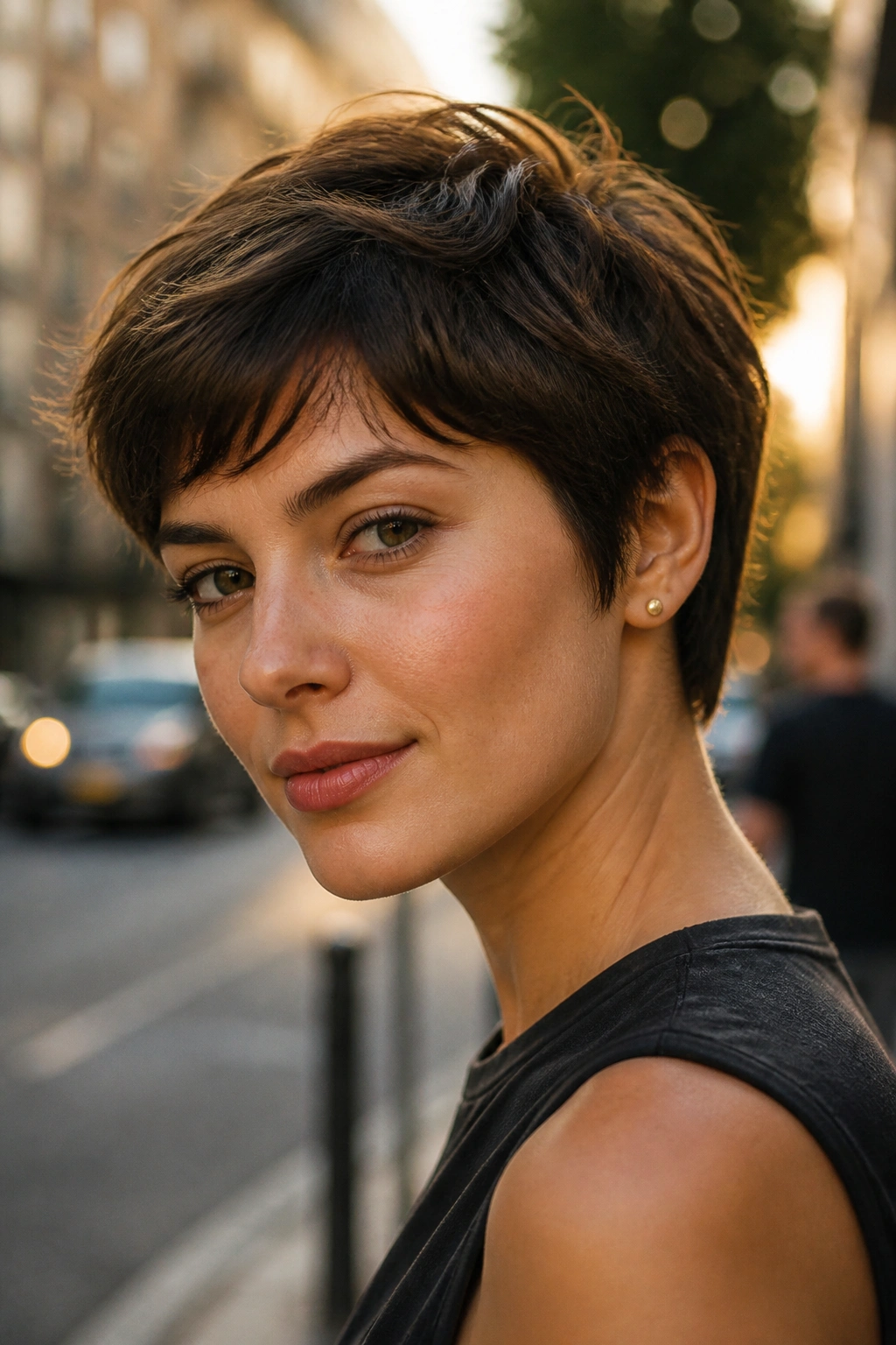 Close-up of real woman with feathered crop hairstyle on city street at golden hour