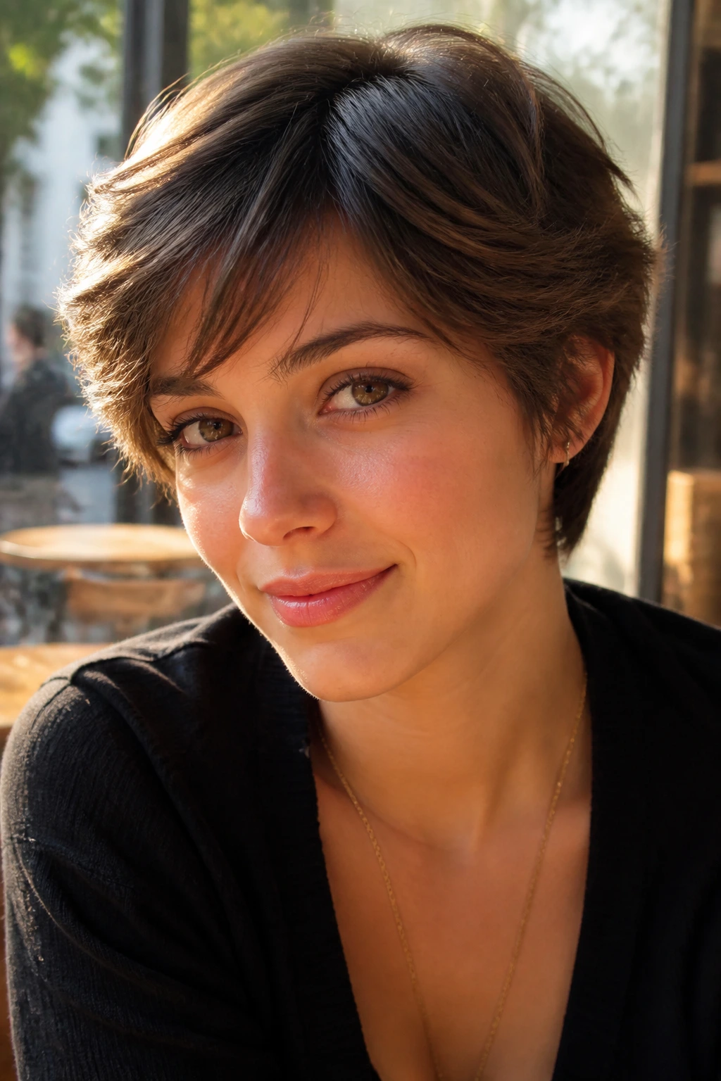 Close-up of a person with a feathered crop in outdoor cafe light