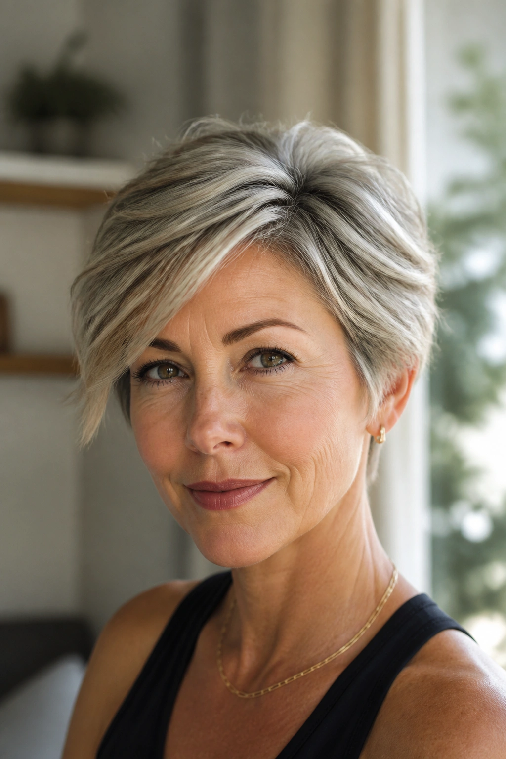 Close-up of a woman with an easy feathered crop and soft side part