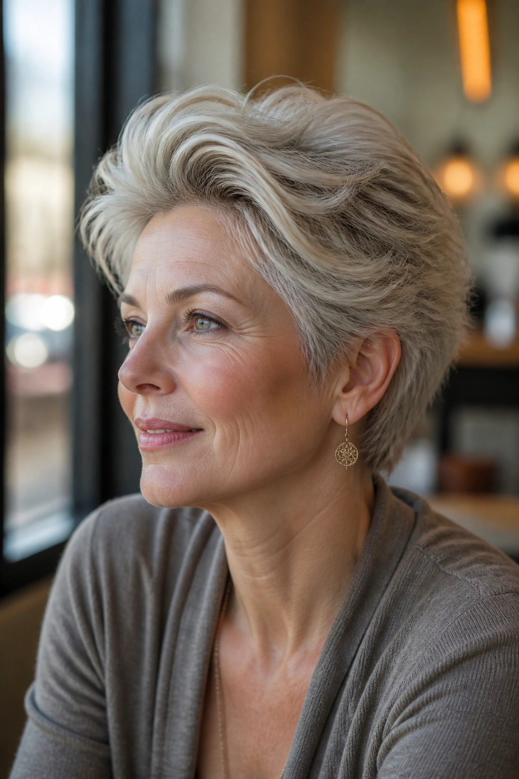 Portrait of a woman with feathered crop and swept-back top in cafe window light