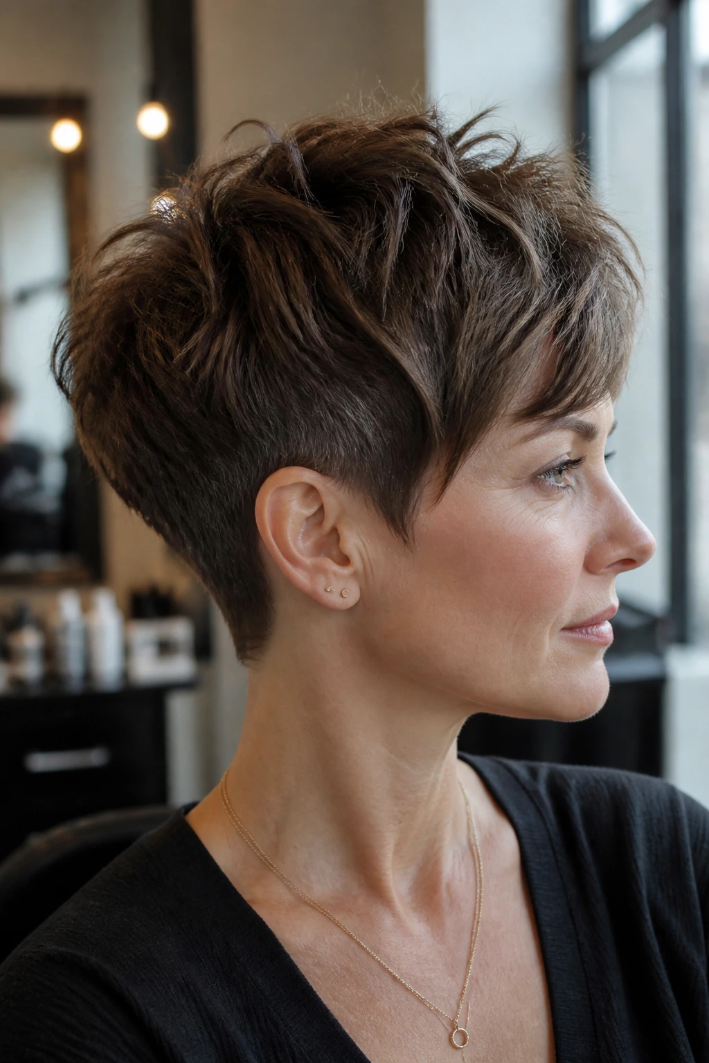 Close-up of real person with feathered crop and tapered nape showing soft feathering