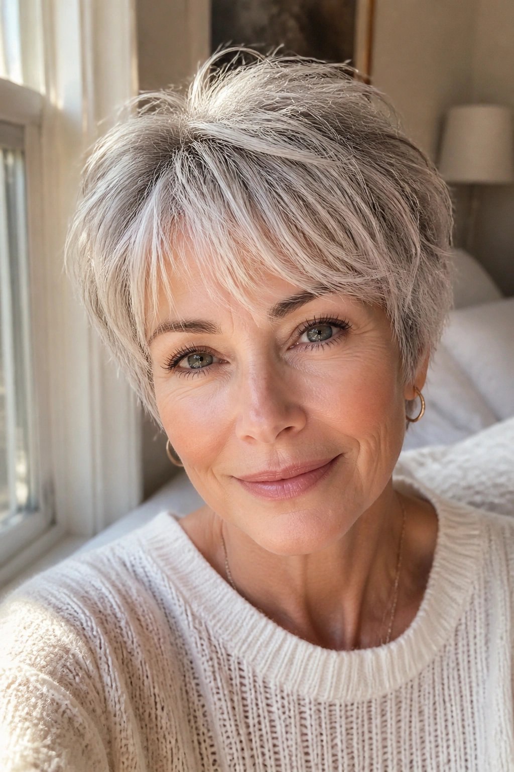 Real woman with feathered crop and wispy bangs in sunlit window seat