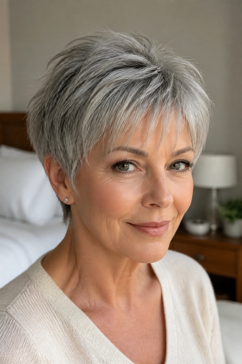 Close-up of a real woman with a feathered crop and wispy bangs