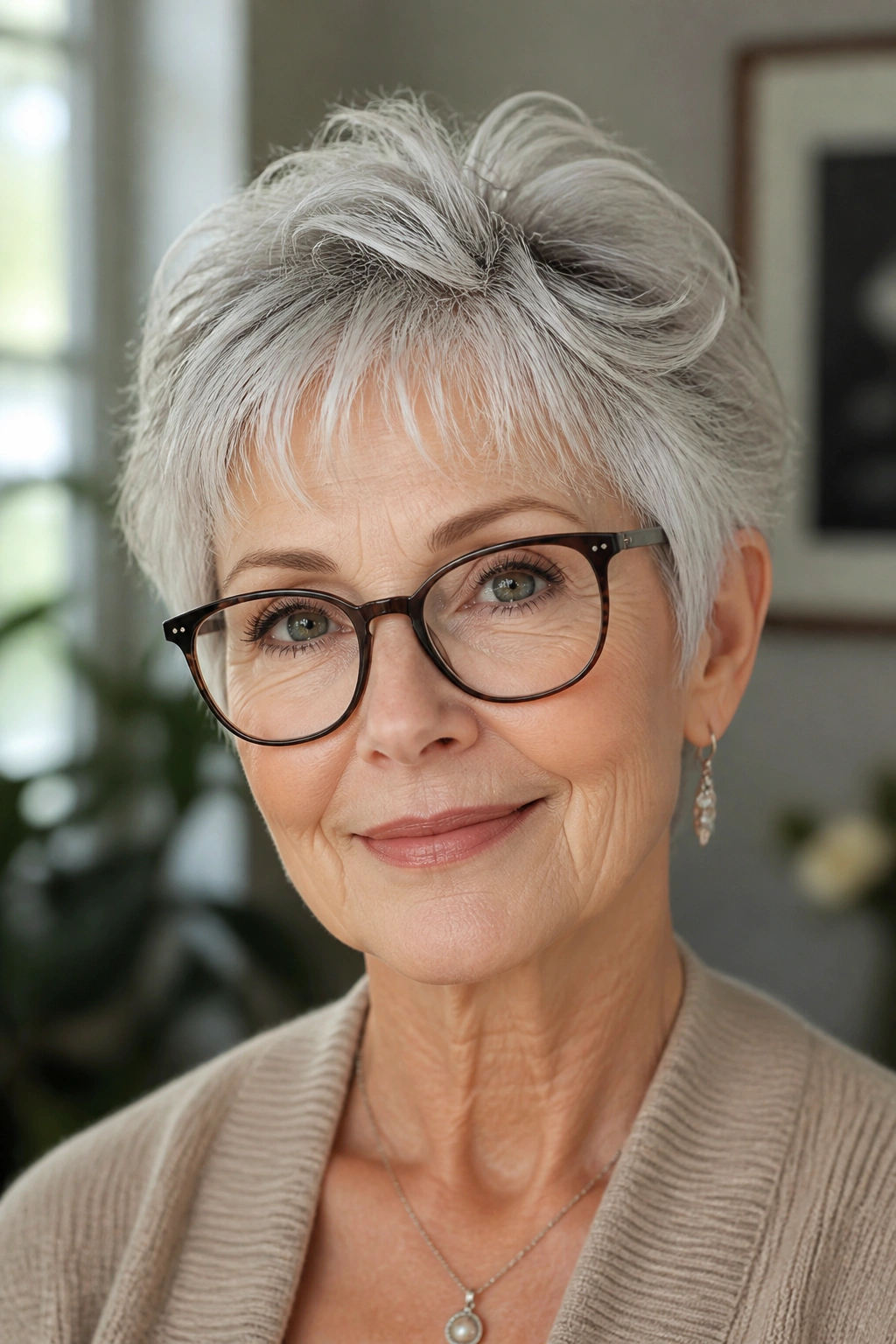 Close-up of a senior woman with feathered crop and wispy bangs wearing glasses