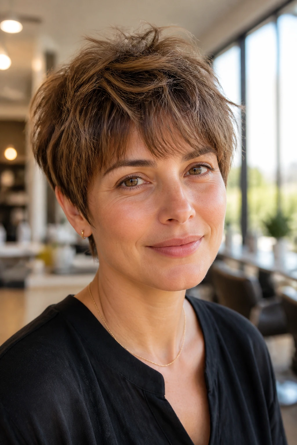 Close-up of a real woman's feathered crop with wispy ends in warm salon light