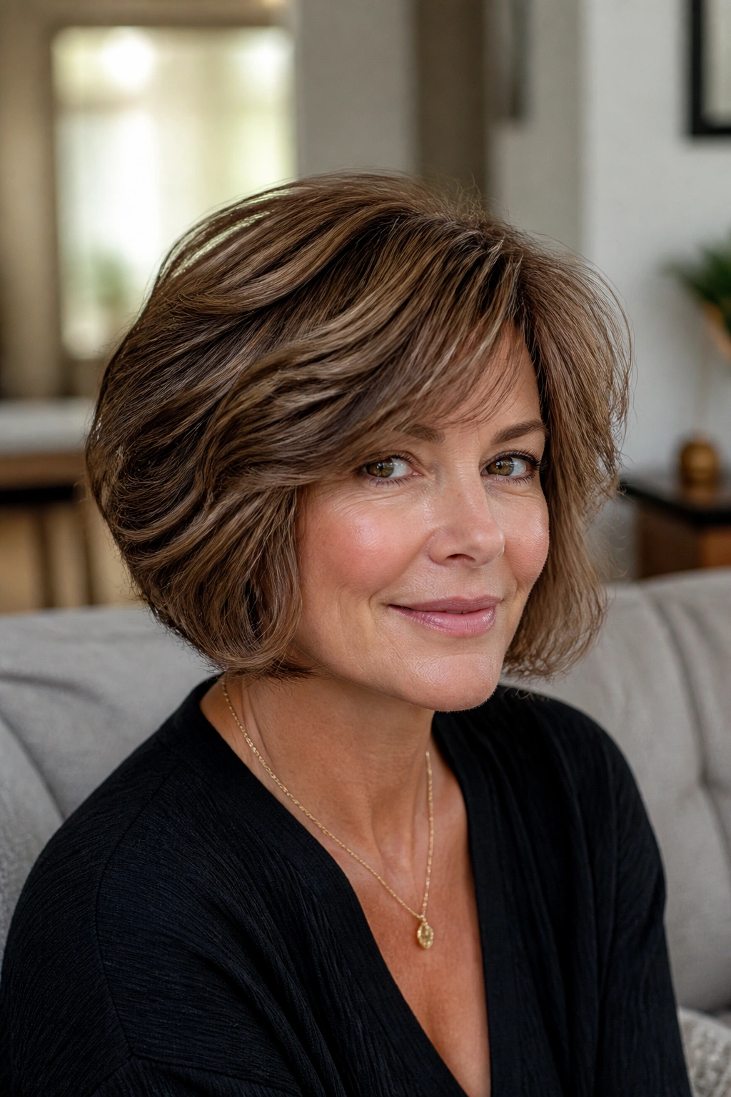 Close-up portrait of a real woman with a feathered bob and rounded crown