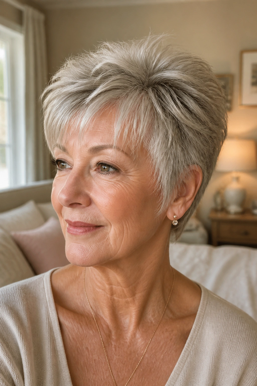 Close-up portrait of a woman with a feathered crown pixie hairstyle in warm window light.