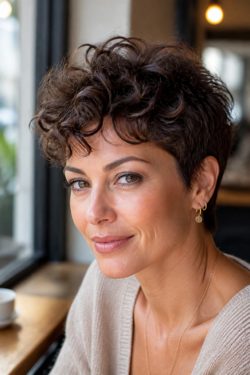 Close-up of a real woman with feathered crown pixie for lighter volume with light layers.