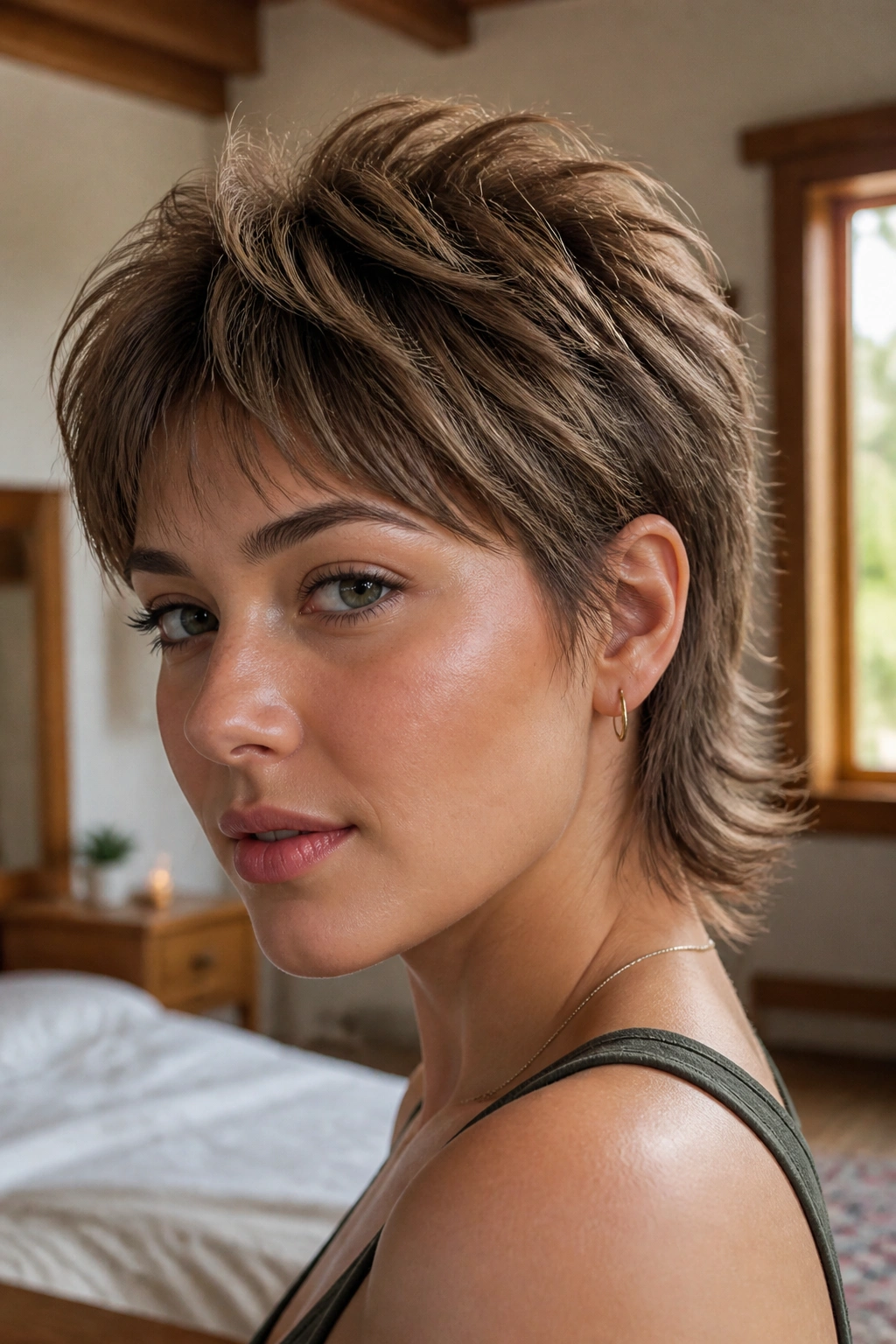 Close-up of a real woman with feathered crown pixie mullet showing crown lift and wispy nape in soft bedroom light