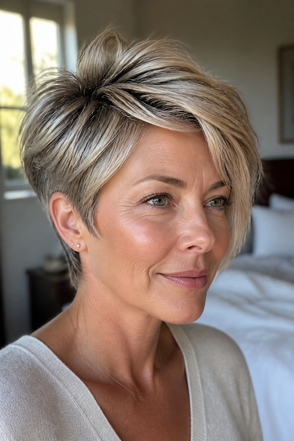 Close-up of a real woman with feathered crown pixie in natural light