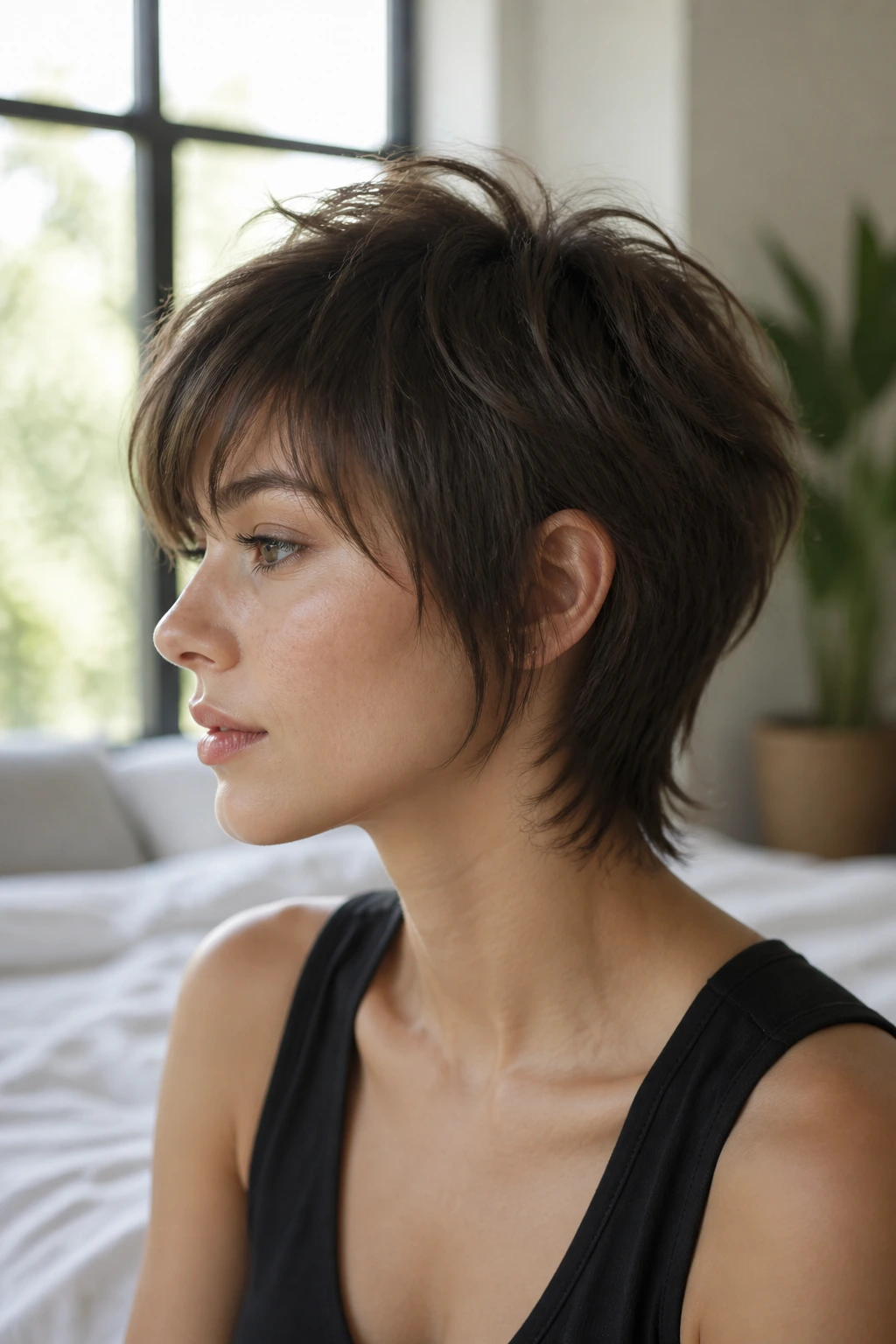 Real woman with feathered crown pixie wolf on straight hair in natural light