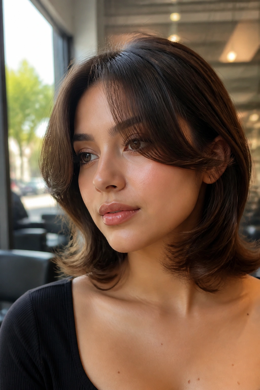 Close-up of a woman with feathered curtain bangs and retro flipped ends in warm natural light