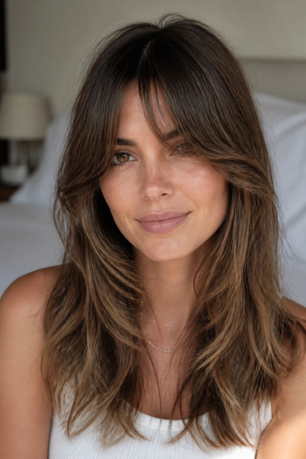 Close-up of a real woman with feathered curtain bangs framing the face in natural light