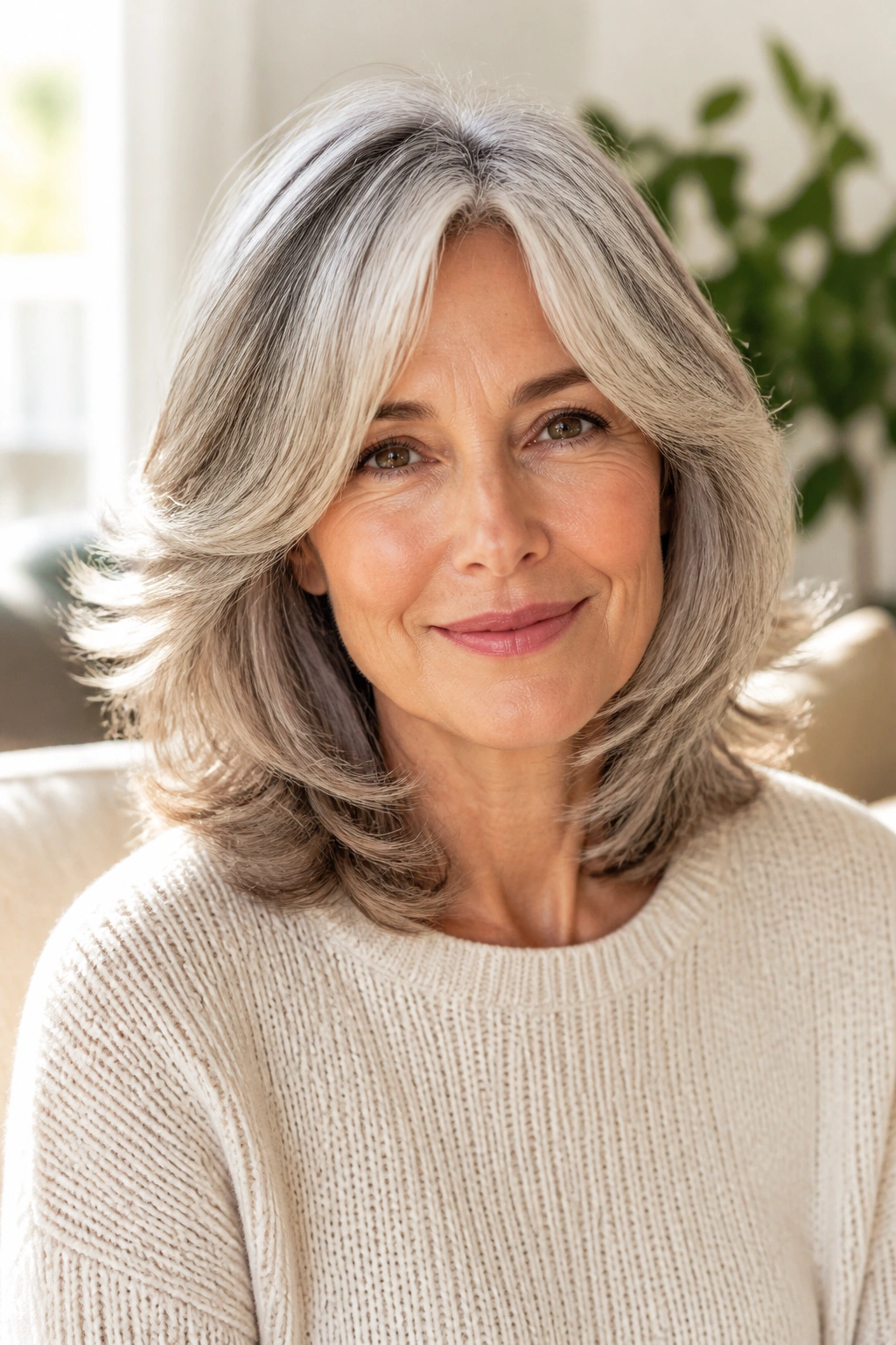 Close-up portrait of a real woman with feathered mid-length cut and gray hair
