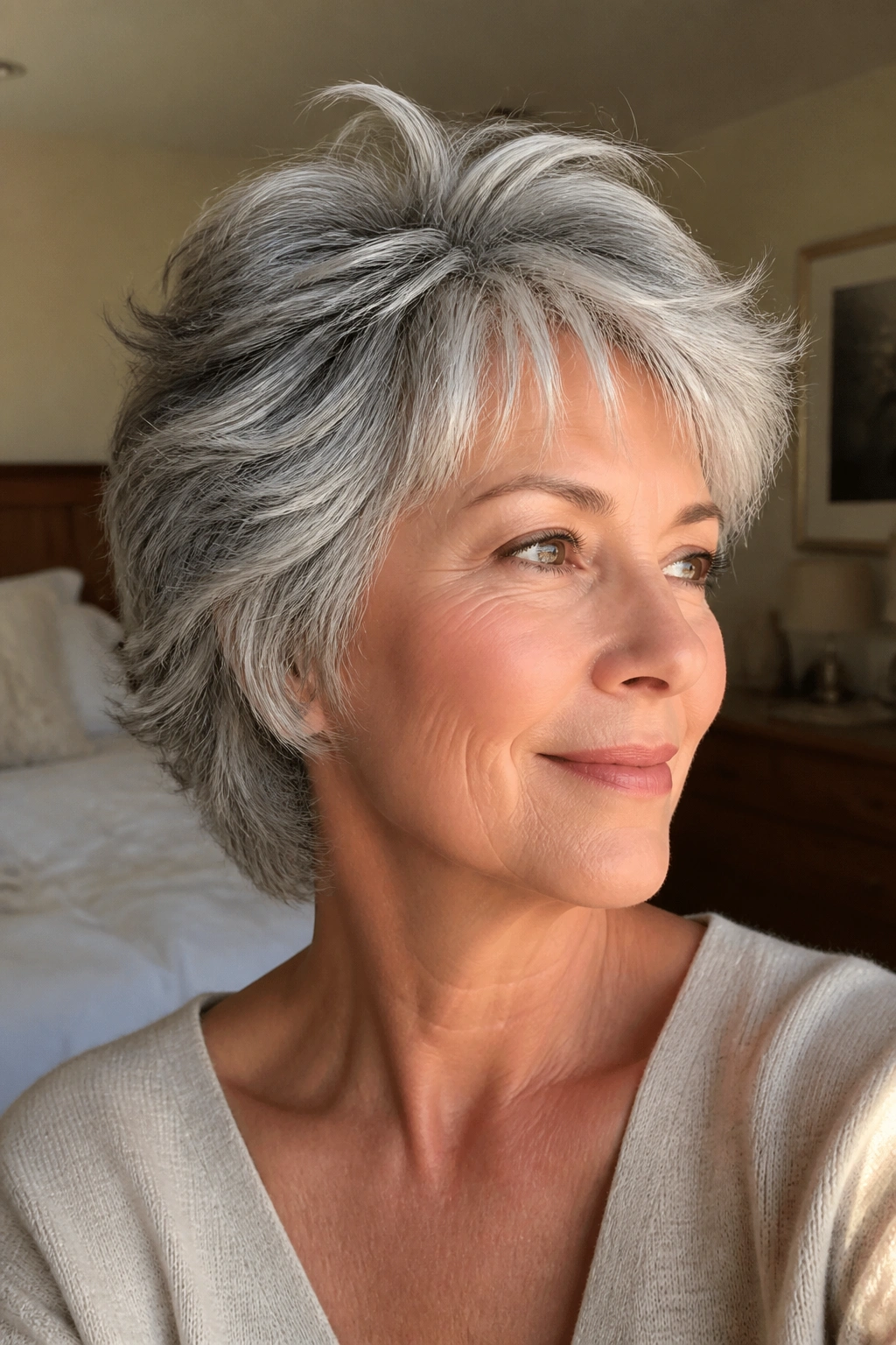 Close-up of a real woman with feathered crown lift hairstyle