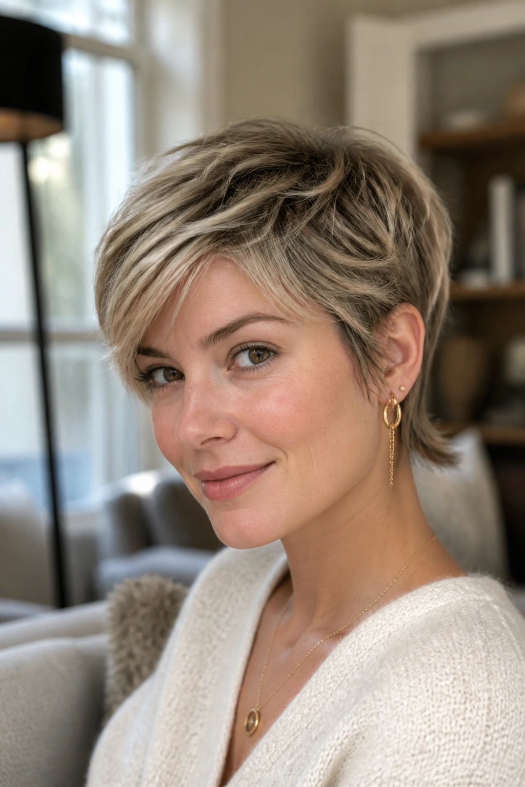 Close-up of a real woman with feathered ear-hug pixie showing soft movement near ears