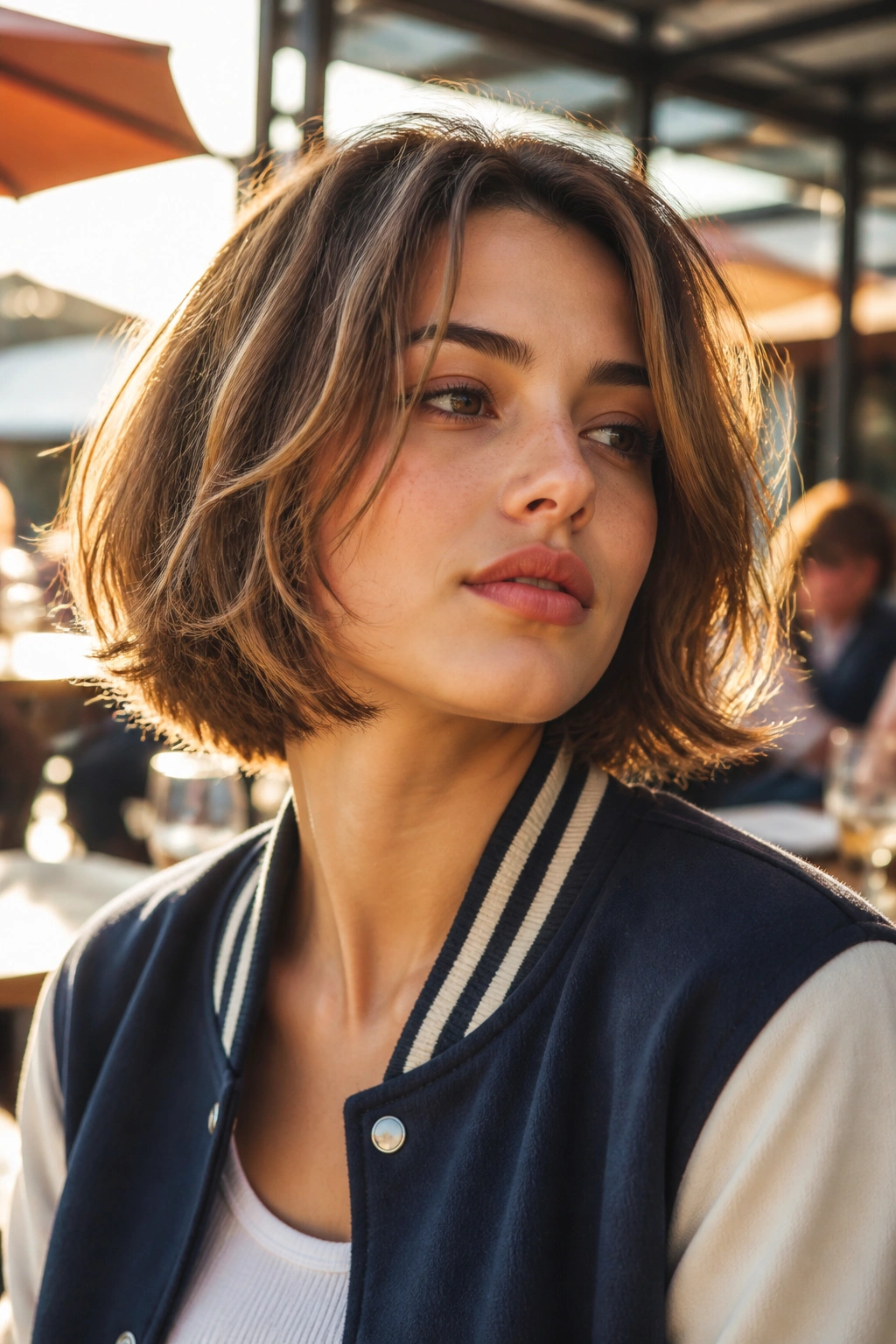 Portrait of a real person with feathered-ends varsity bob outdoors at golden hour