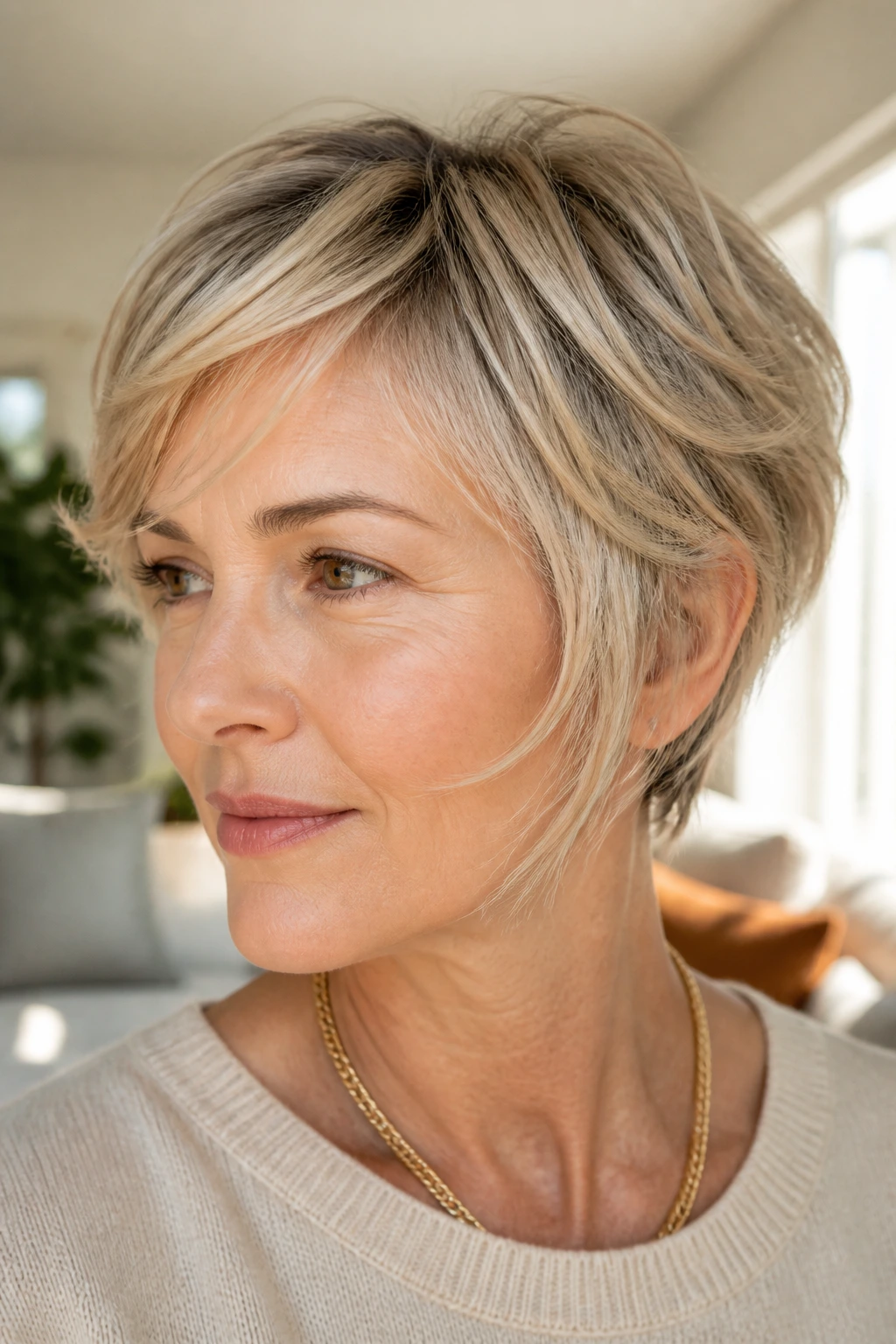 Feathered pixie ends around jawline on a real woman