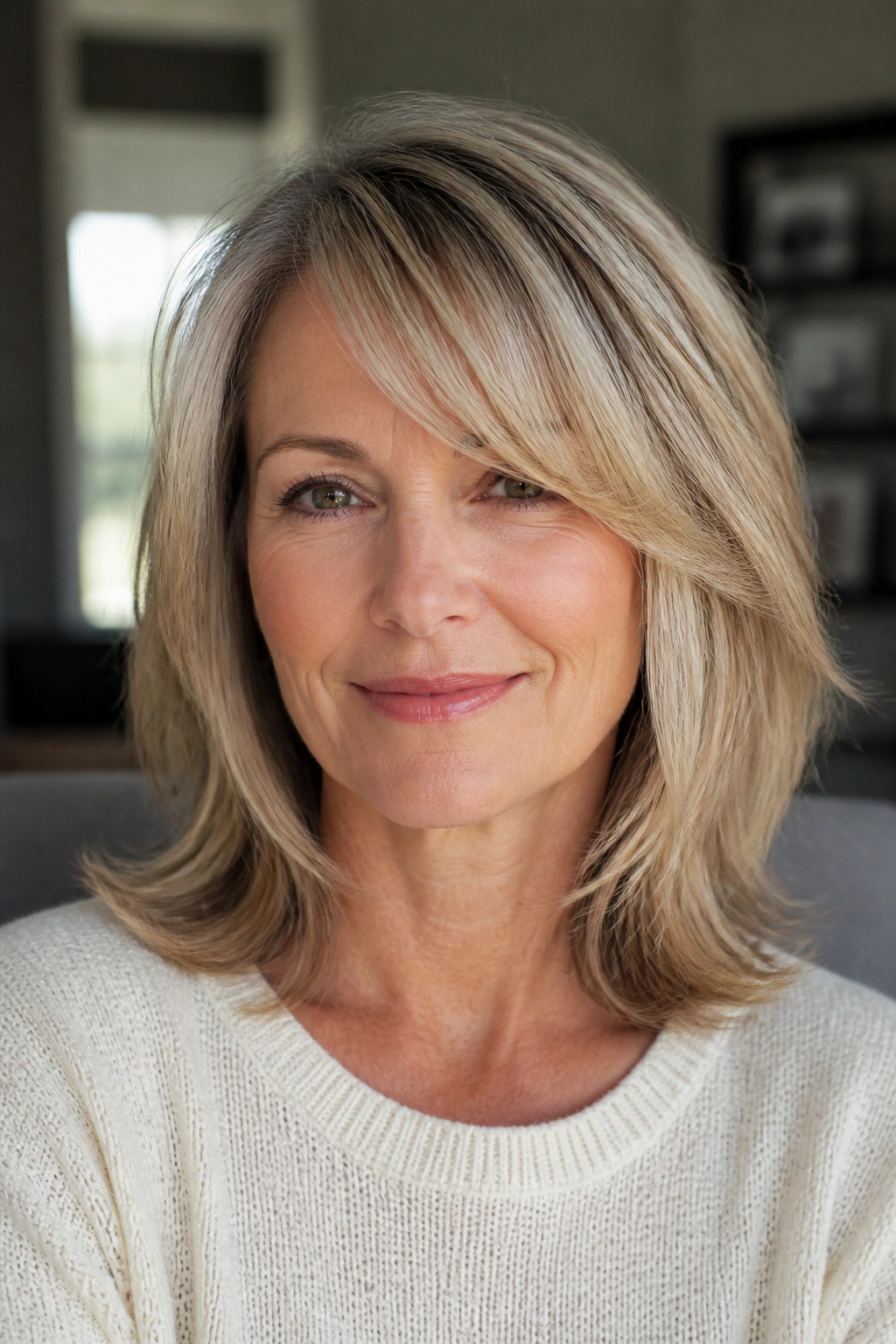 Close-up portrait of a real woman with feathered ends and side-swept fringe in soft daylight