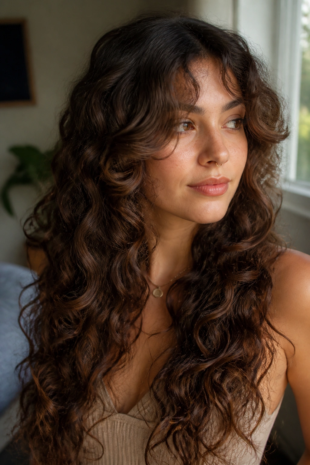 Close-up of a real woman with long curly hair showing feathered face-framing layers around the cheeks.