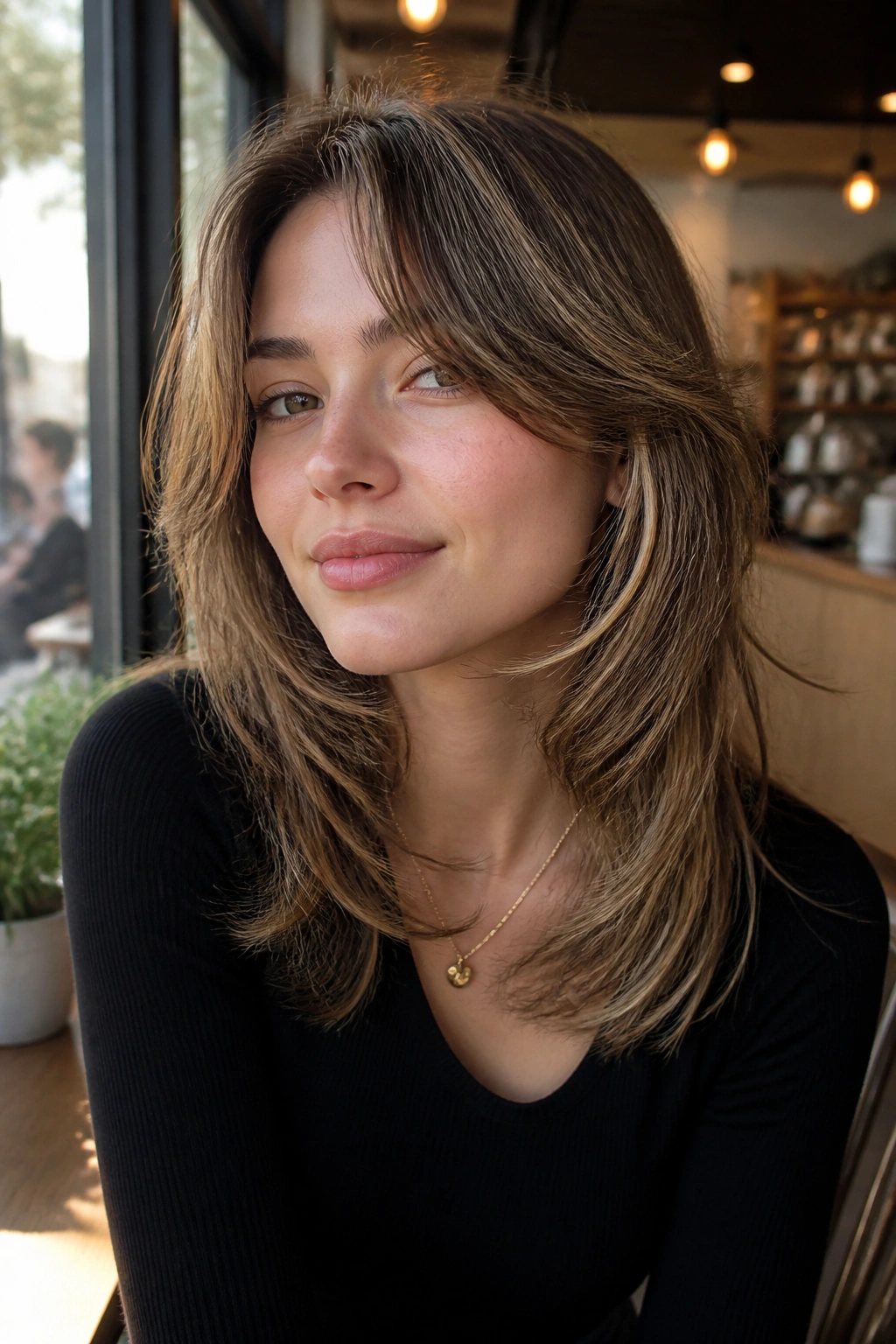 Close-up portrait of a real woman with feathered face-framing wolf cut